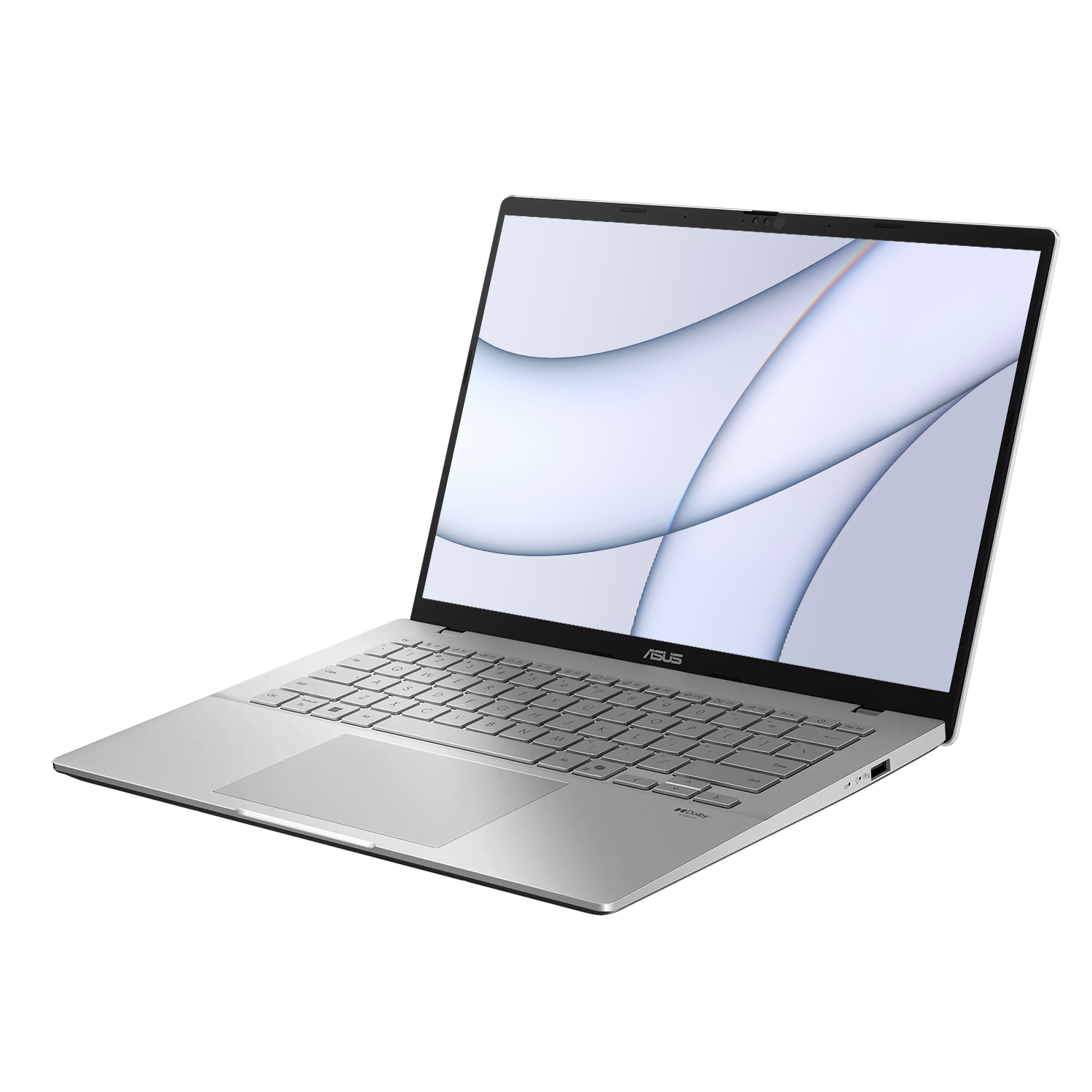 Beyaz arka planda soyut duvar kağıdı gösteren gümüş renkli bir ASUS dizüstü bilgisayar.