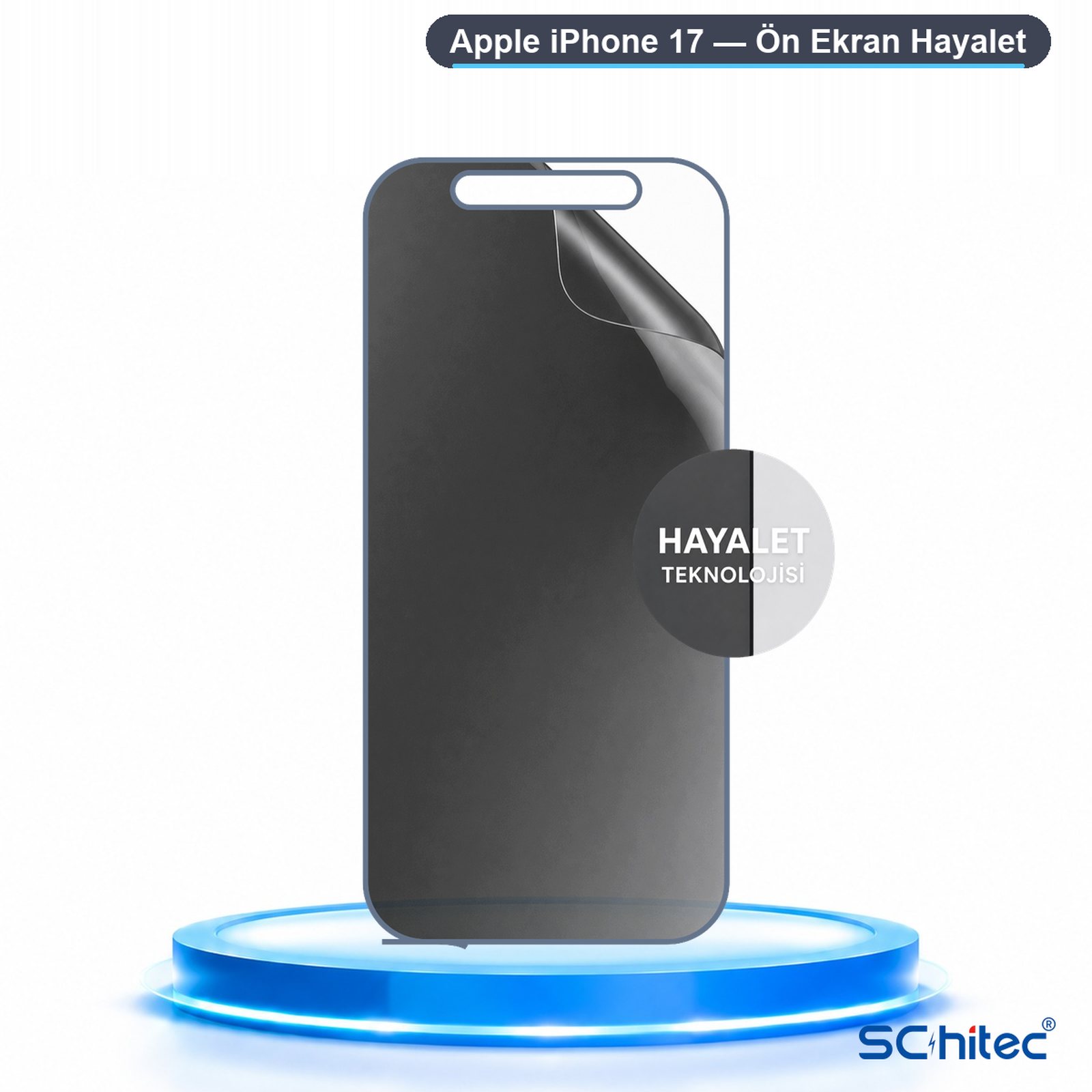 Mavi ışıklı bir platform üzerinde iPhone 17 için hayalet ekran koruyucu.