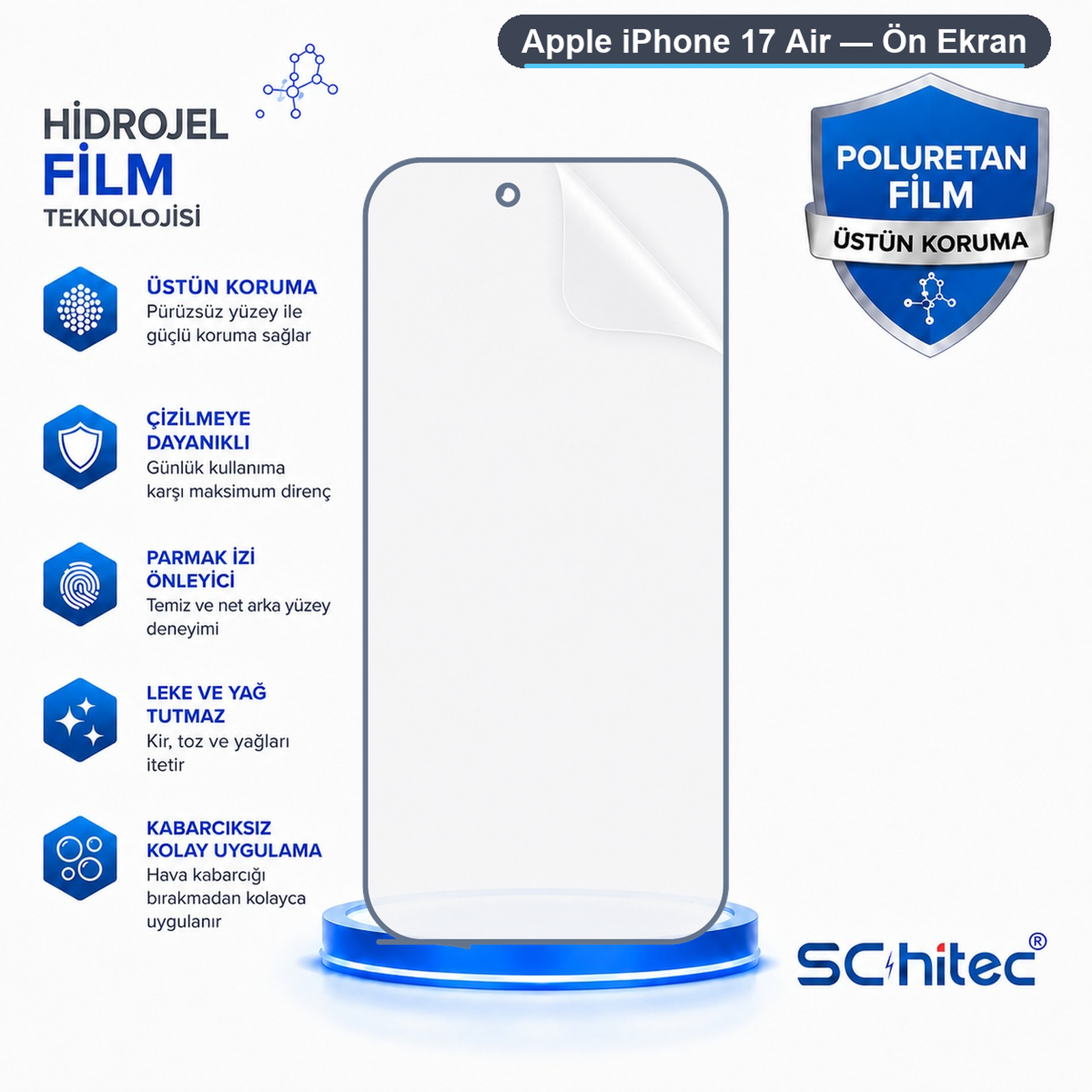 Metinler ve mavi simgeler içeren iPhone 17 Air hidrojel ekran koruyucu ürün reklamı.