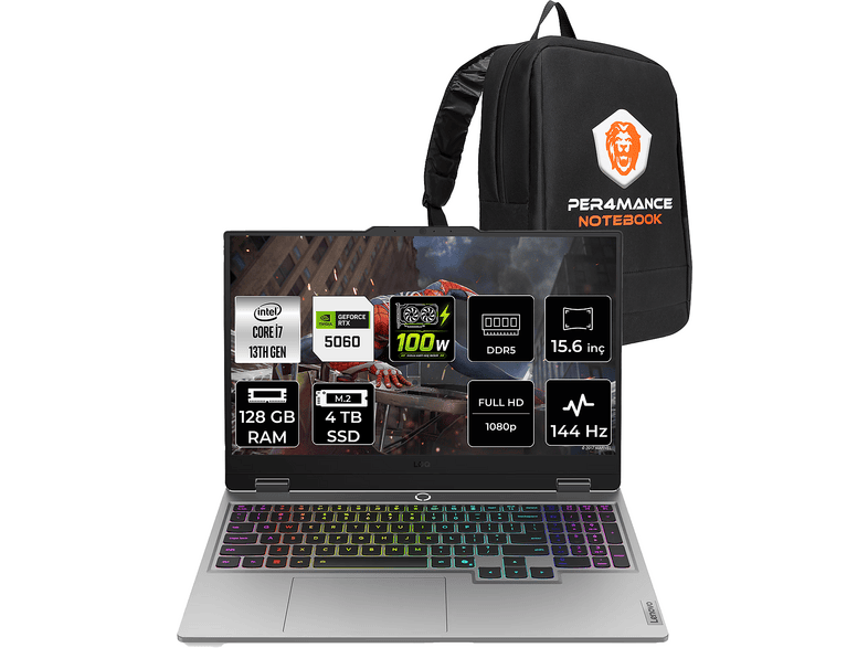 LENOVO LOQ 15IRX10 RTX5060 8GB FHD 83JE01BETRP359 Intel Core i7-13645HX 128 GB RAM 4 TB SSD 15,6 inç FreeDOS Laptop+Çanta Gri
