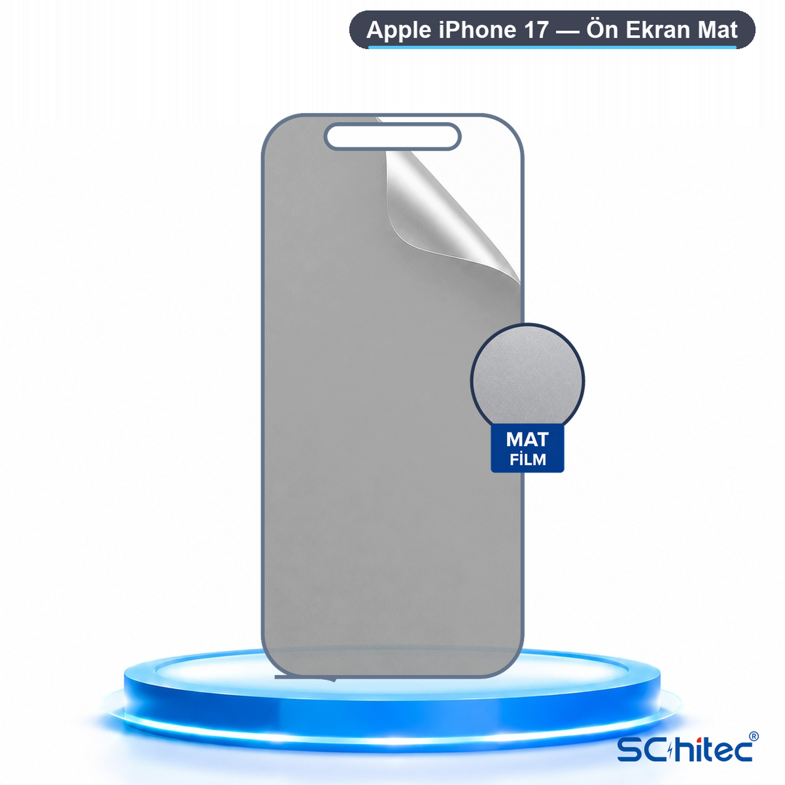 Mavi bir kaide üzerinde iPhone 17 için mat ekran koruyucu.