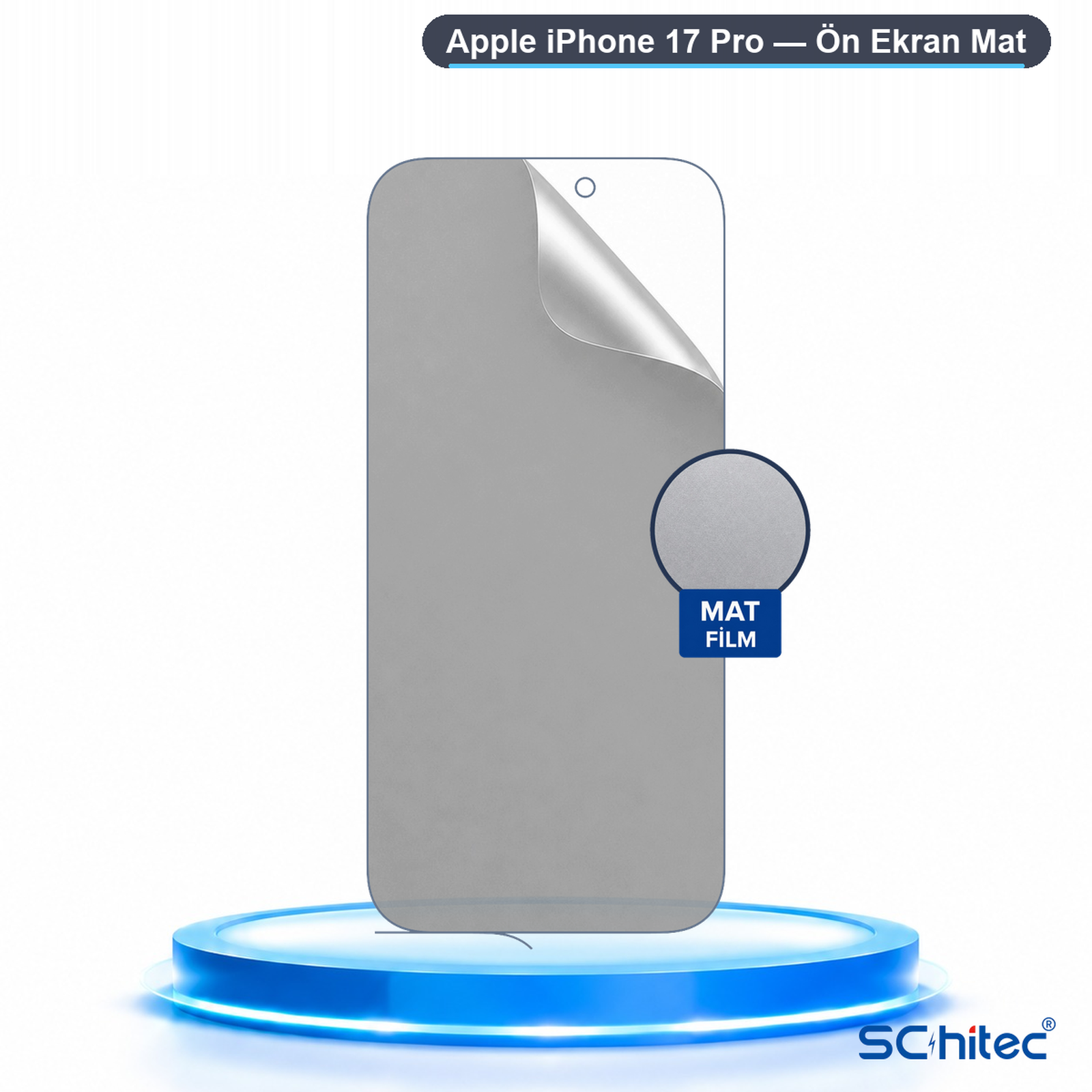 Parlayan mavi bir kaide üzerinde Apple iPhone 17 Pro mat ekran koruyucu.