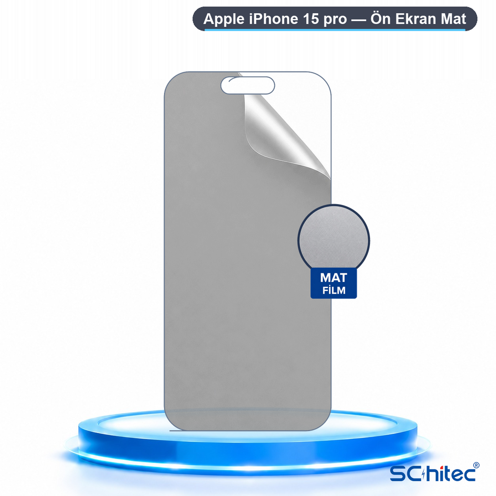 Parıltılı mavi bir podyum üzerinde iPhone 15 Pro için mat ekran koruyucu film.