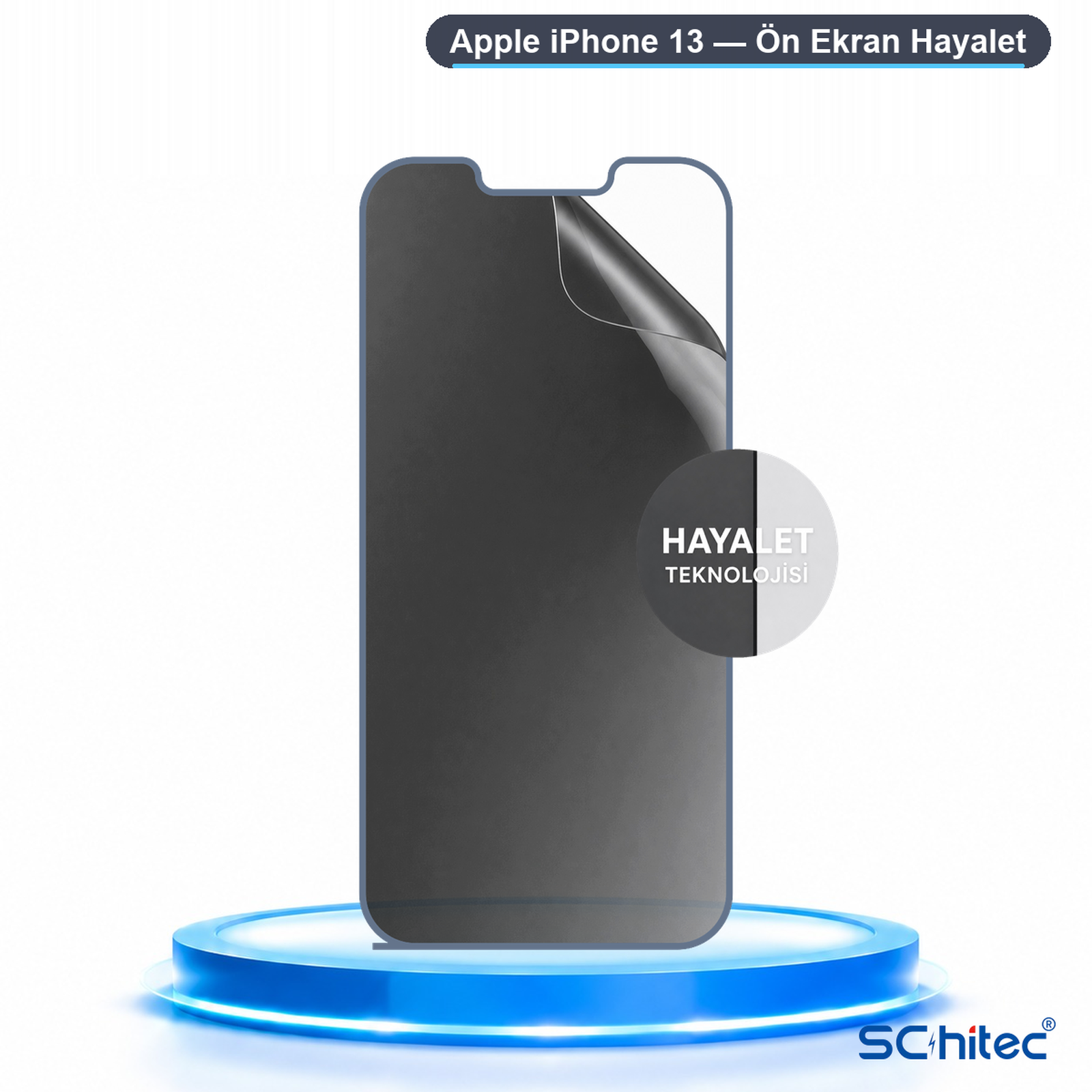Mavi kaide üzerinde iPhone 13 için hayalet ekran koruyucu ve yazı.