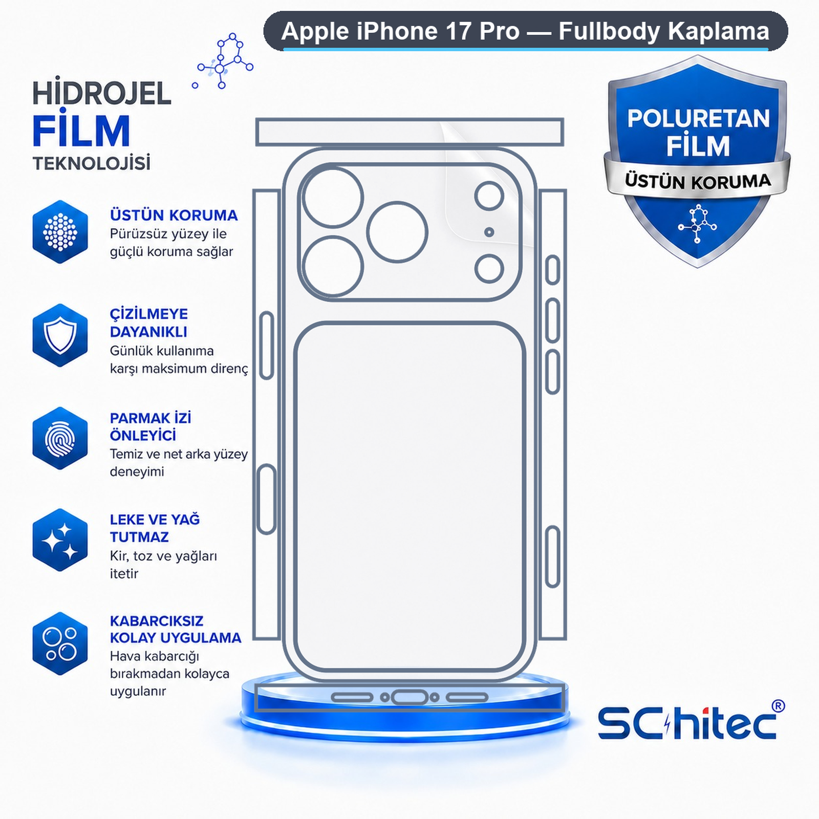 Apple iPhone 17 Pro için hidrojel ve poliüretan film koruma özelliklerini gösteren açıklayıcı görsel.
