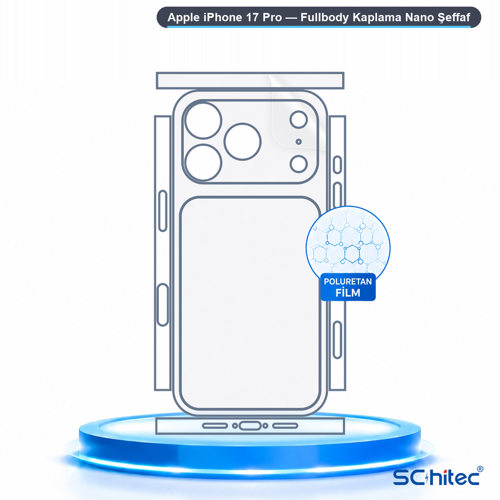 Mavi bir kaide üzerinde Apple iPhone 17 Pro için şeffaf poliüretan filmin şematik gösterimi.