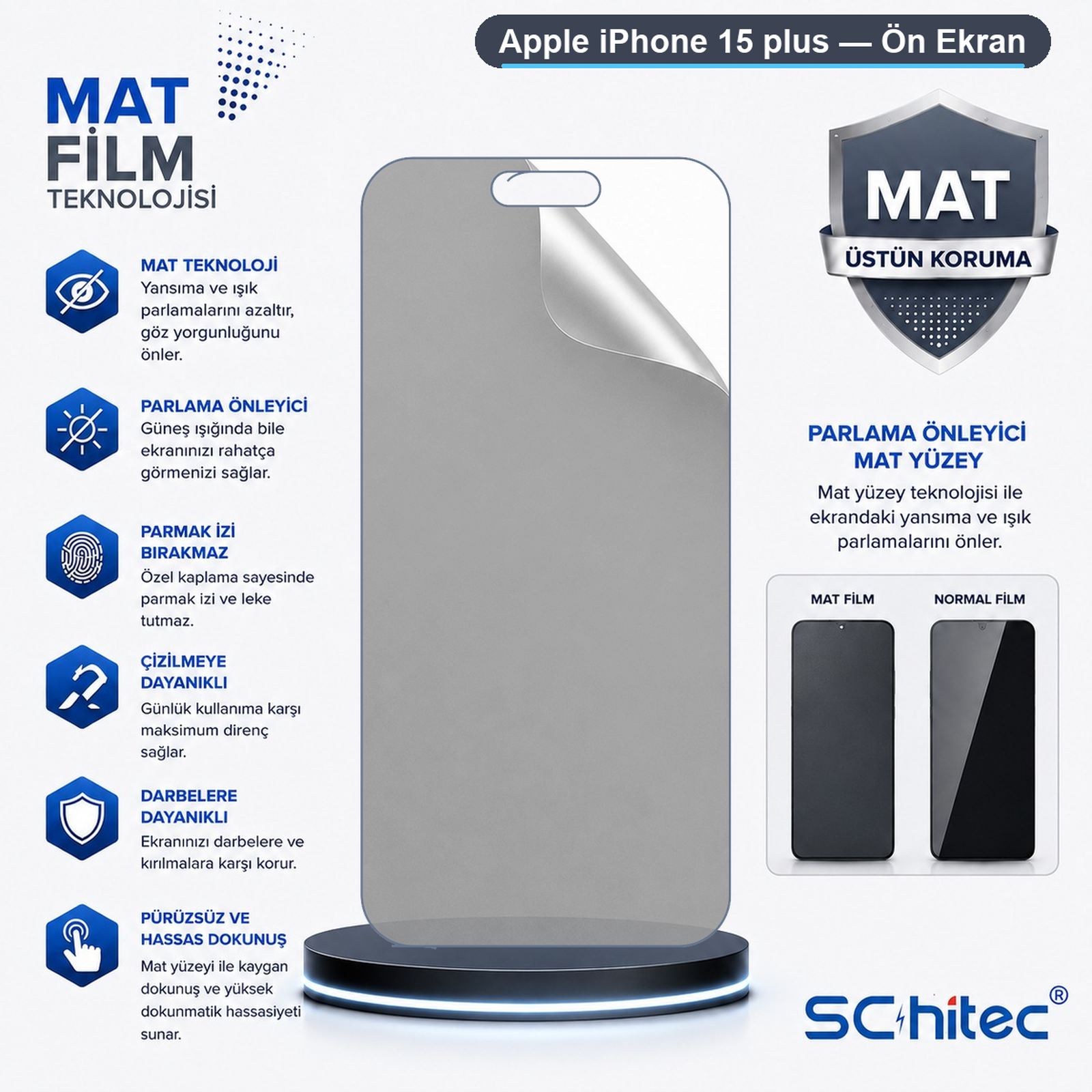 Türkçe metin içeren mat iPhone 15 Plus ekran koruyucu ürün tanıtımı.