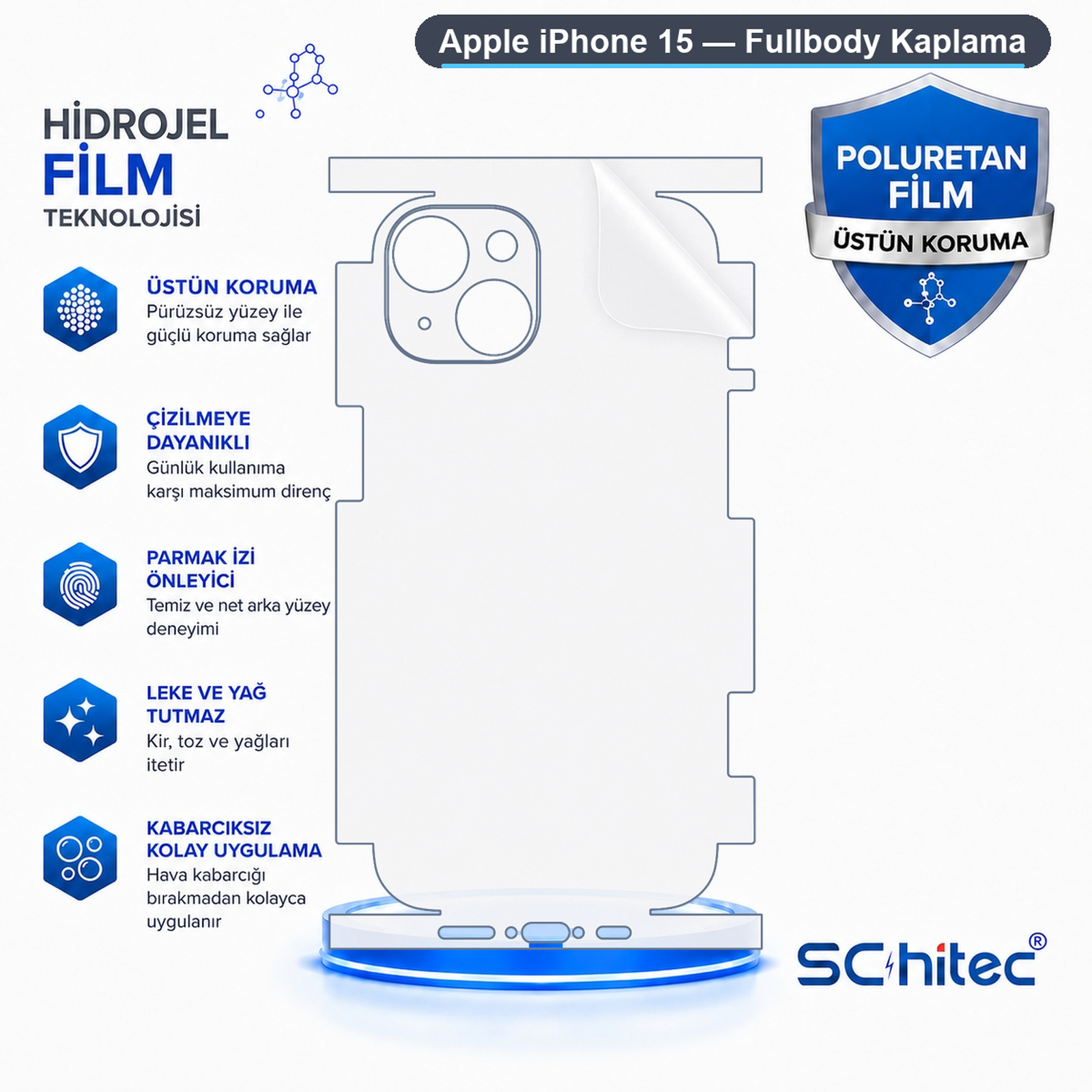 iPhone 15 hidrojel film koruma özelliklerini ve faydalarını simgelerle açıklayan bilgi grafiği.