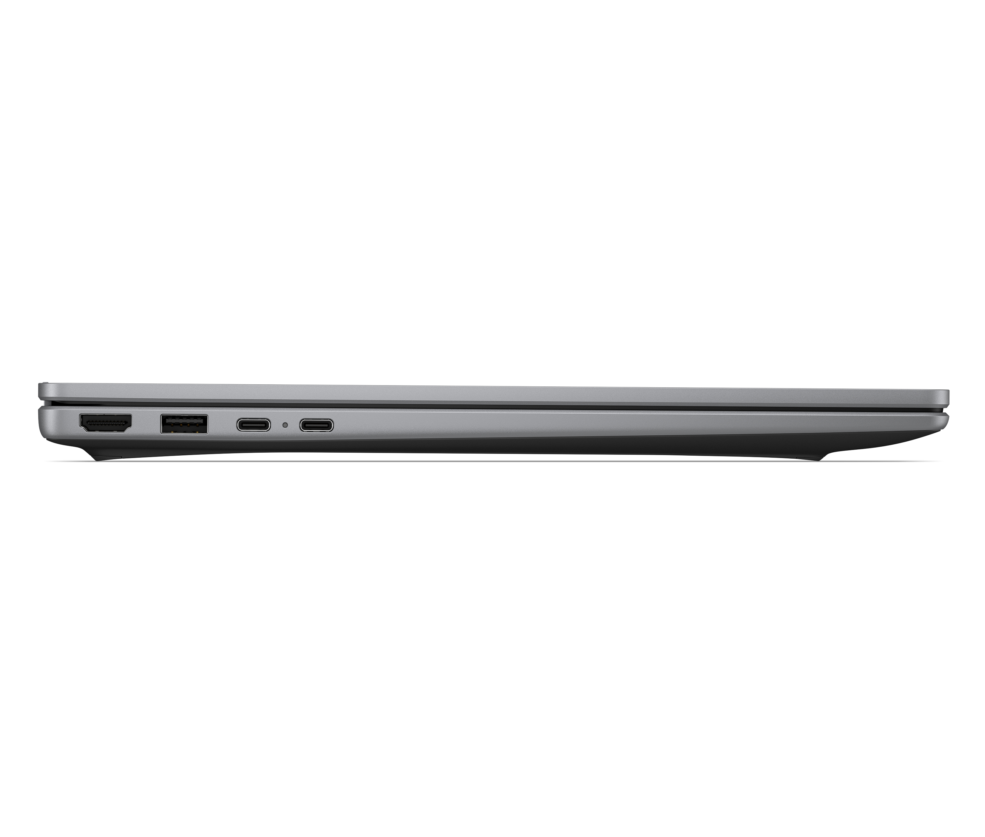 Lato sinistro di un computer portatile grigio chiuso con porte HDMI, USB e USB-C.