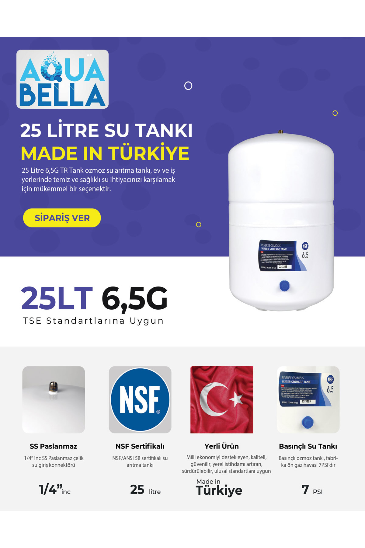 Metin ve simgeler içeren mavi 25 litrelik su tankı ürün reklamı.