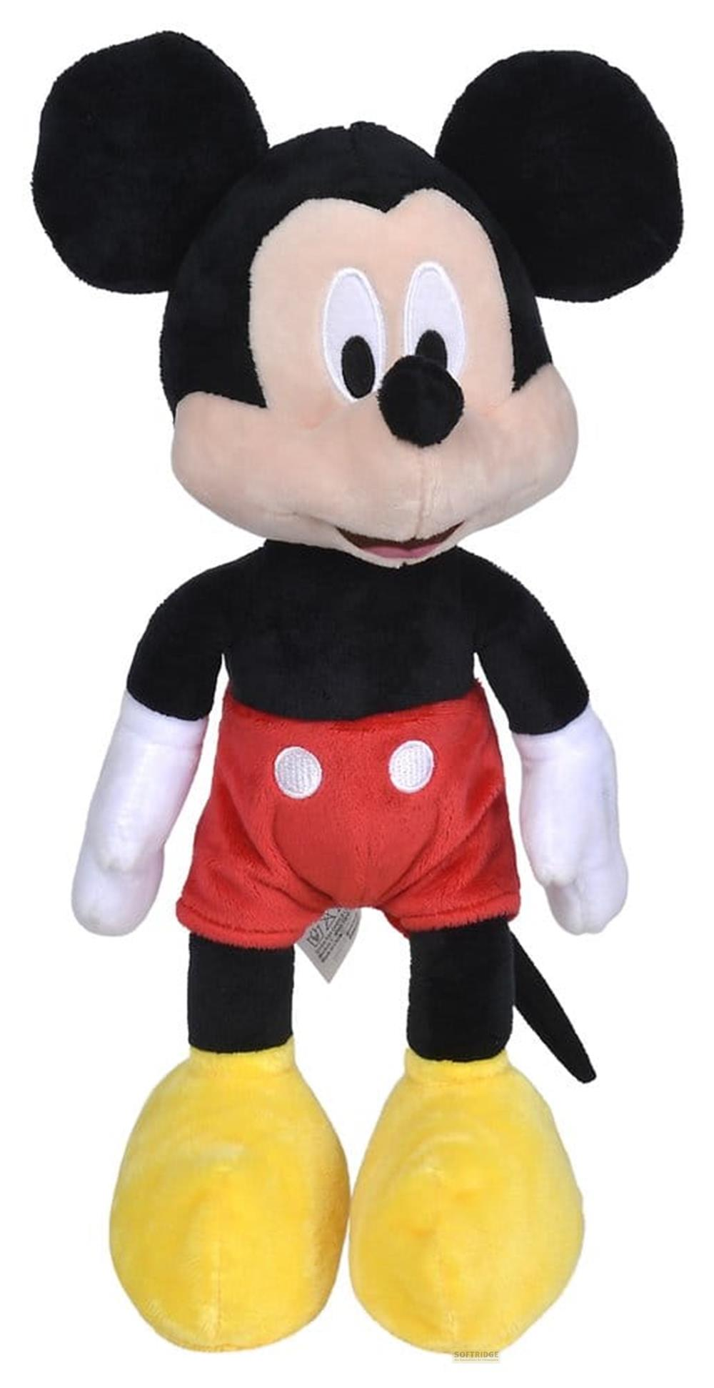 Peluche di Topolino con pantaloncini rossi, guanti bianchi e scarpe gialle.