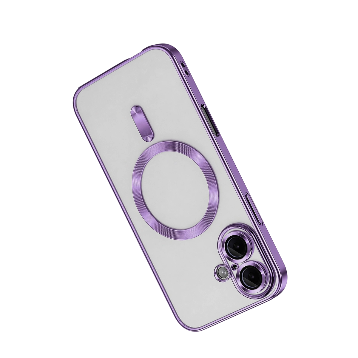 Siyah arka plan üzerinde şeffaf arka yüzeye, MagSafe halkasına ve çift kamera kesitine sahip mor akıllı telefon kılıfı.