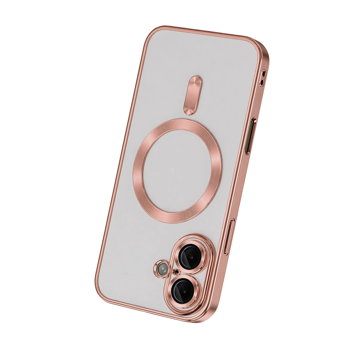 Beyaz arka yüzlü, pembe altın çerçeveli, dairesel MagSafe halkalı ve siyah arka planda iki kamera lensli akıllı telefon.