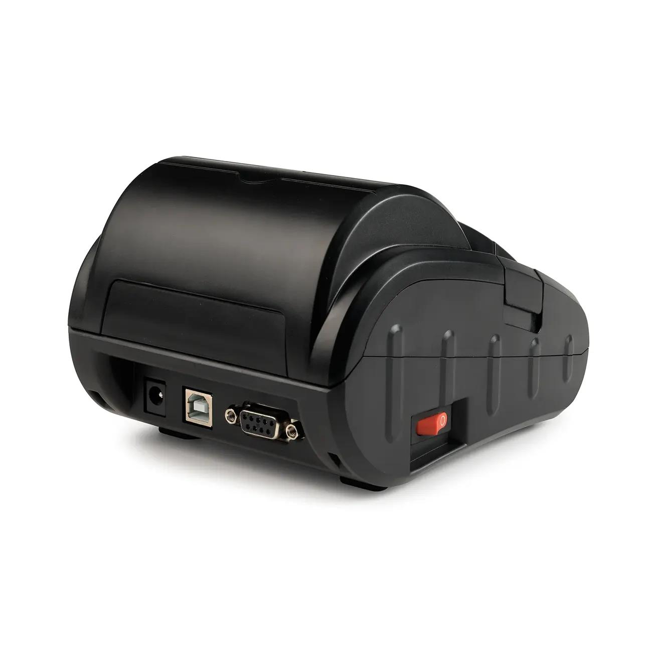 Ein schwarzer Bondrucker von hinten mit USB-, seriellen Anschlüssen und einem roten Netzschalter auf weißem Hintergrund.