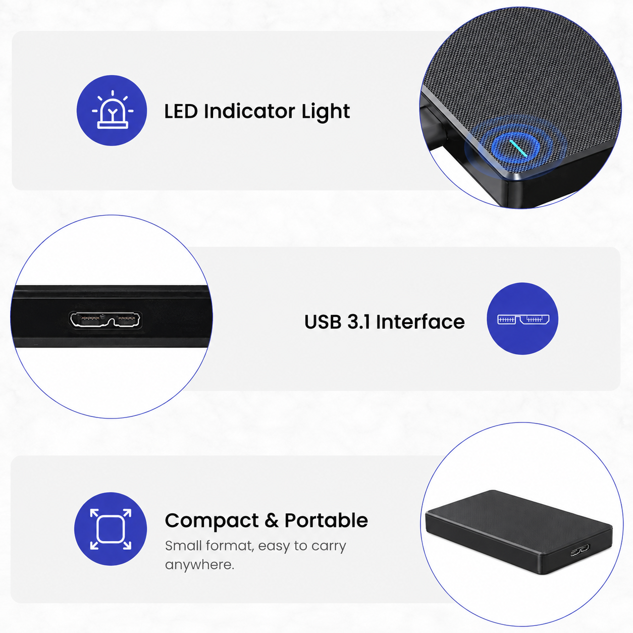 Infografik zeigt LED-Indikator, USB 3.1 Anschluss und kompaktes Format einer externen Festplatte.