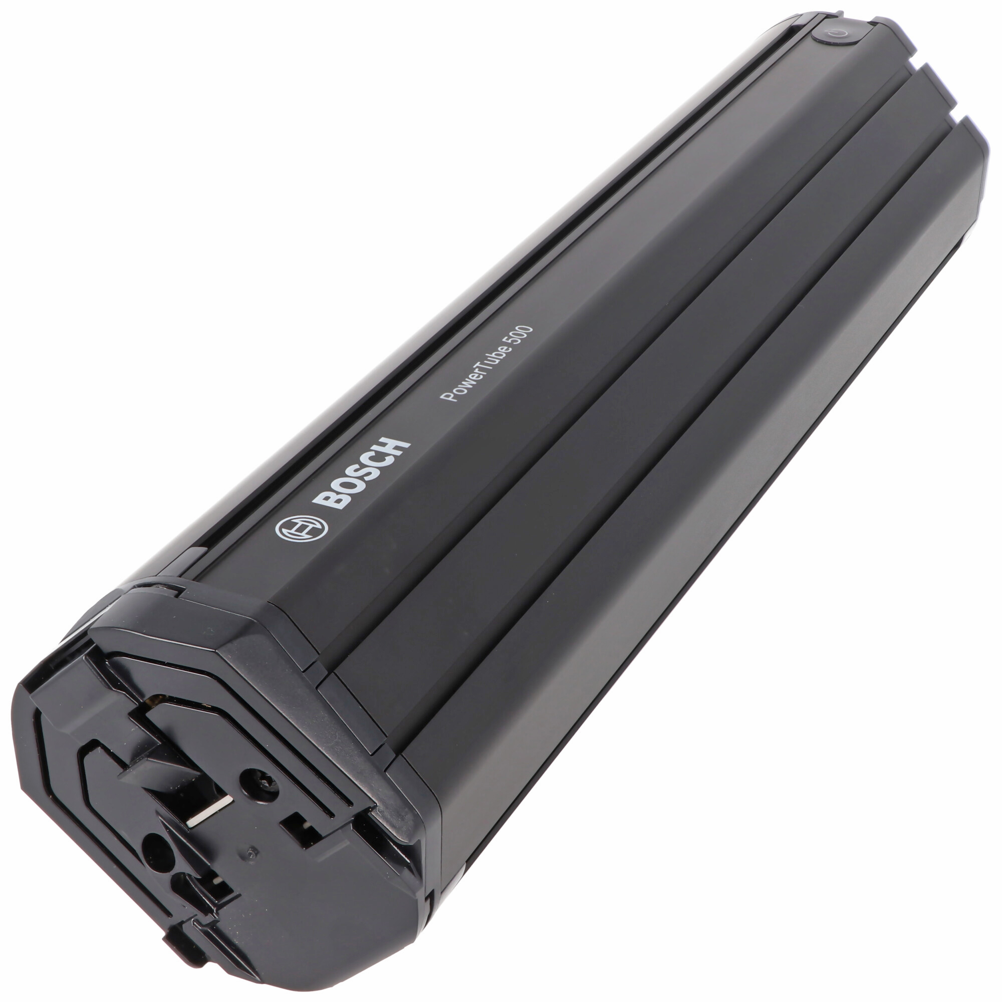 Schwarze Bosch PowerTube 500 E-Bike-Batterie auf weißem Hintergrund.