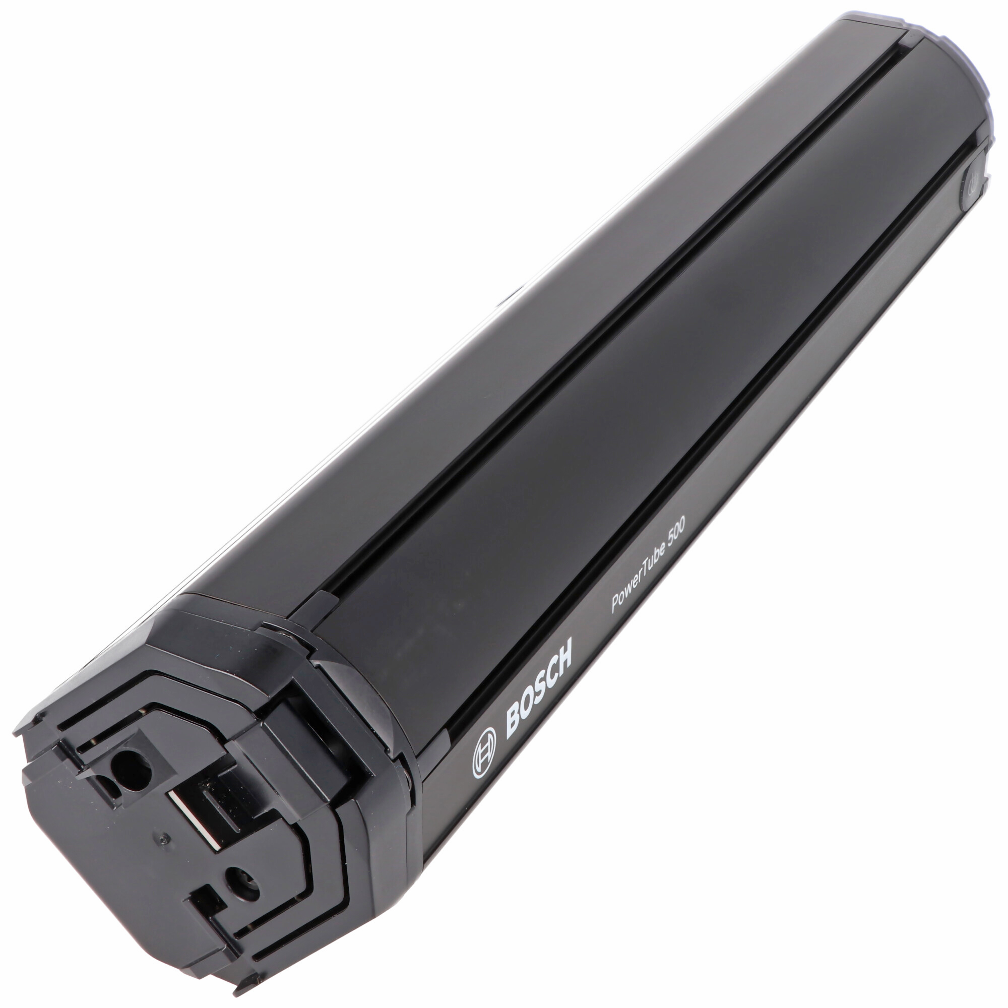 Schwarze zylindrische Bosch PowerTube 500 E-Bike-Batterie auf weißem Hintergrund.
