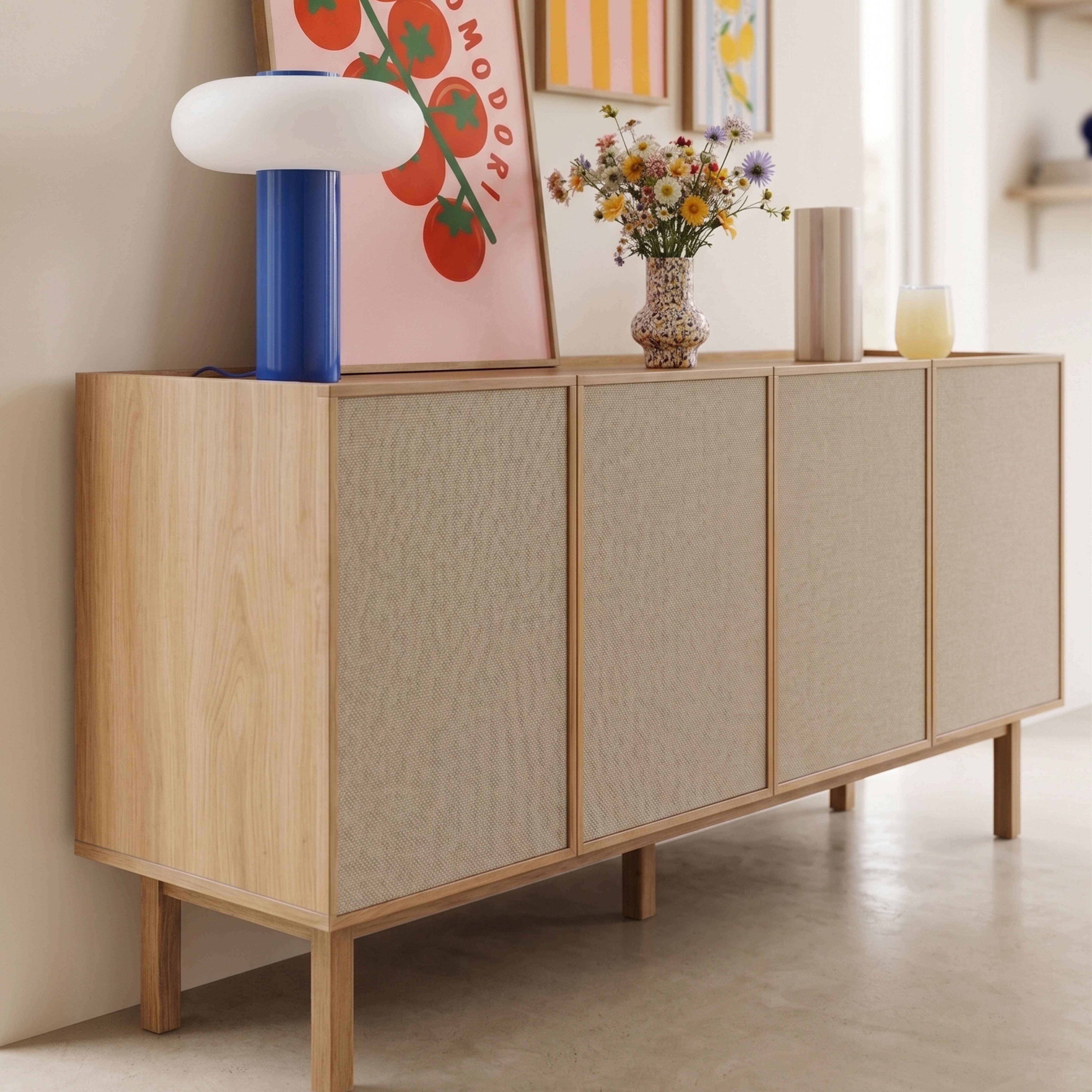 Ein hölzernes Sideboard mit Rattan-Türen, dekoriert mit einer Lampe, gerahmter Kunst und Blumen.