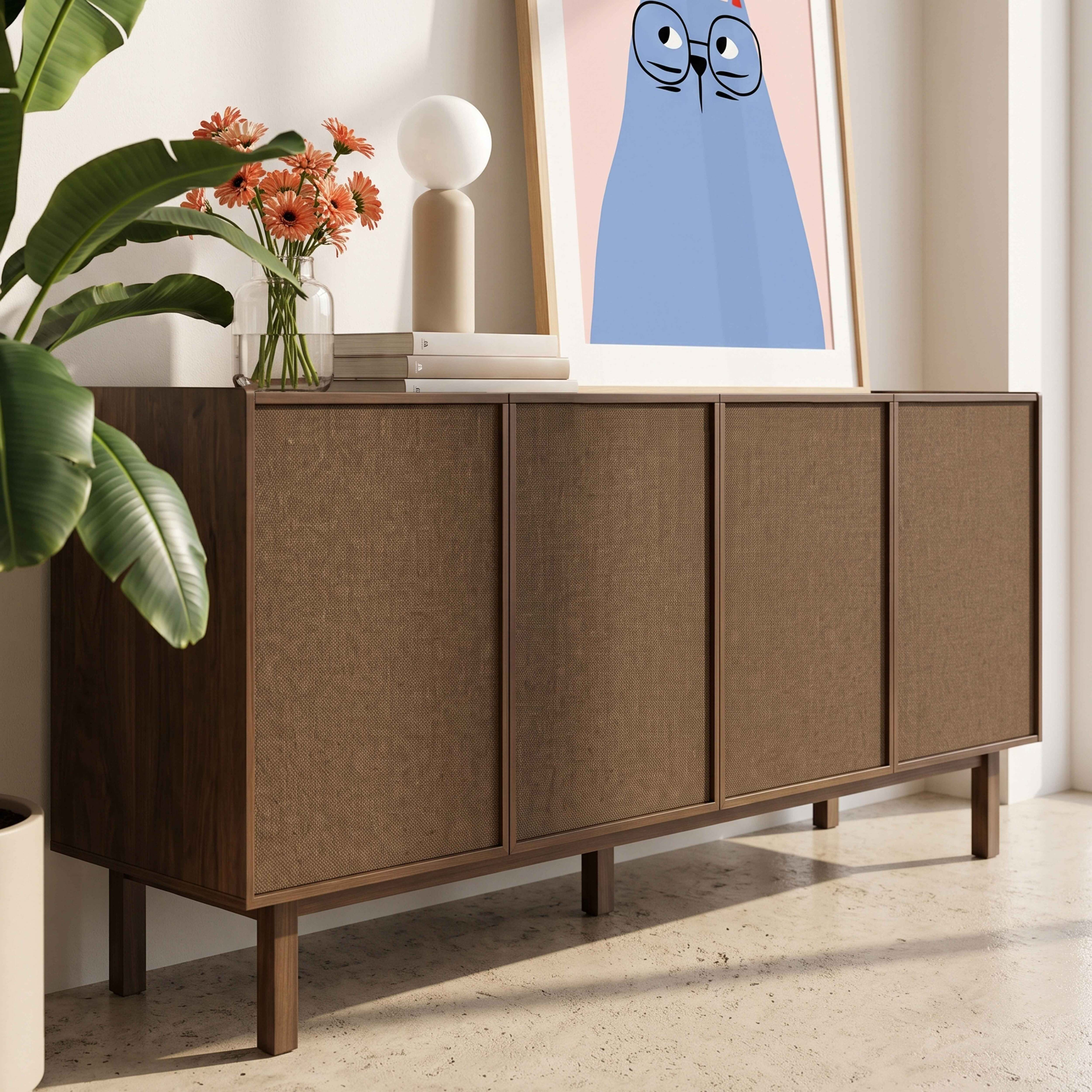 Ein Holzschrank mit vier stoffbespannten Türen, darauf Blumen, Bücher und ein Bild.