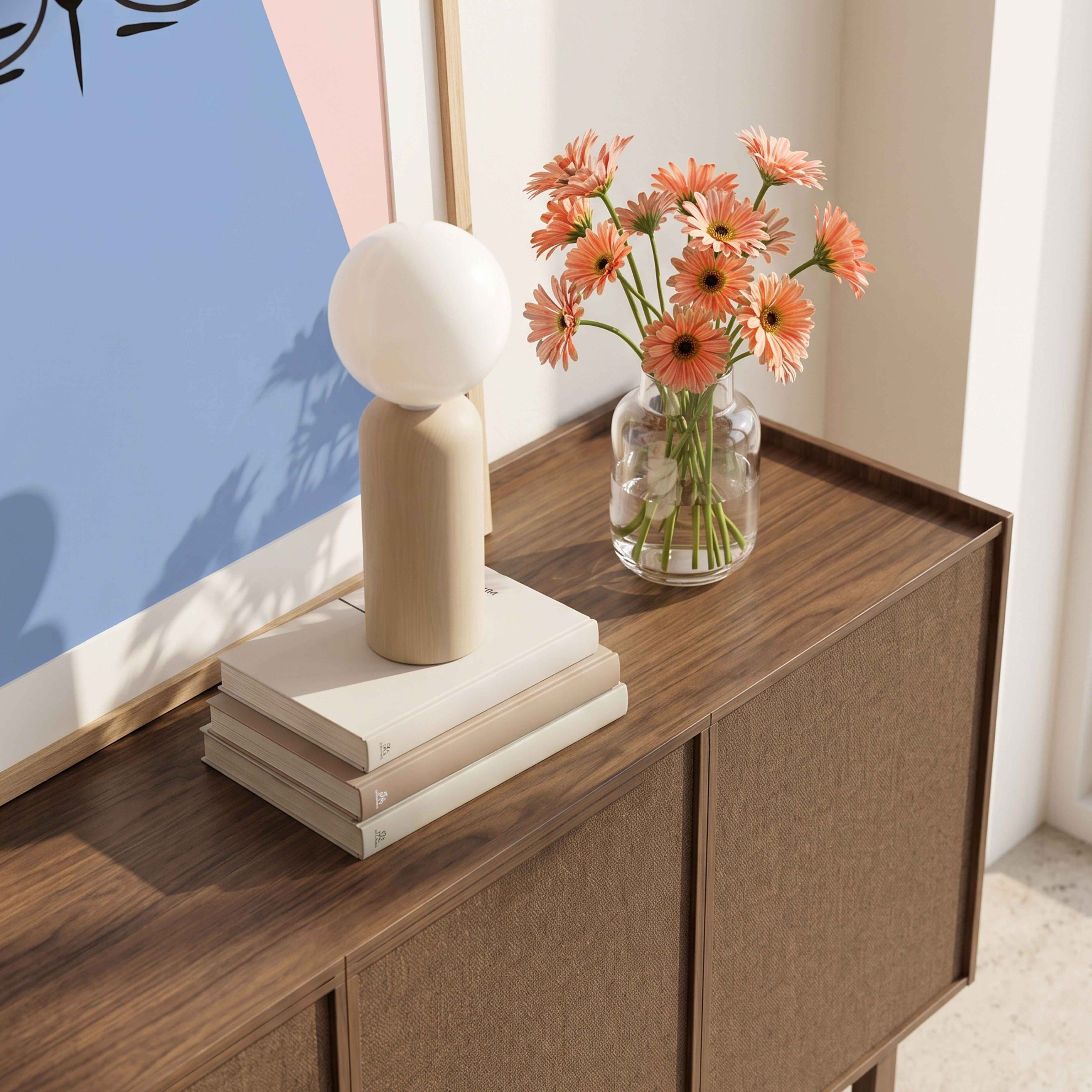 Eine runde Lampe und ein Buchstapel stehen auf einer Holzkommode neben einer Vase mit orangefarbenen Blumen.
