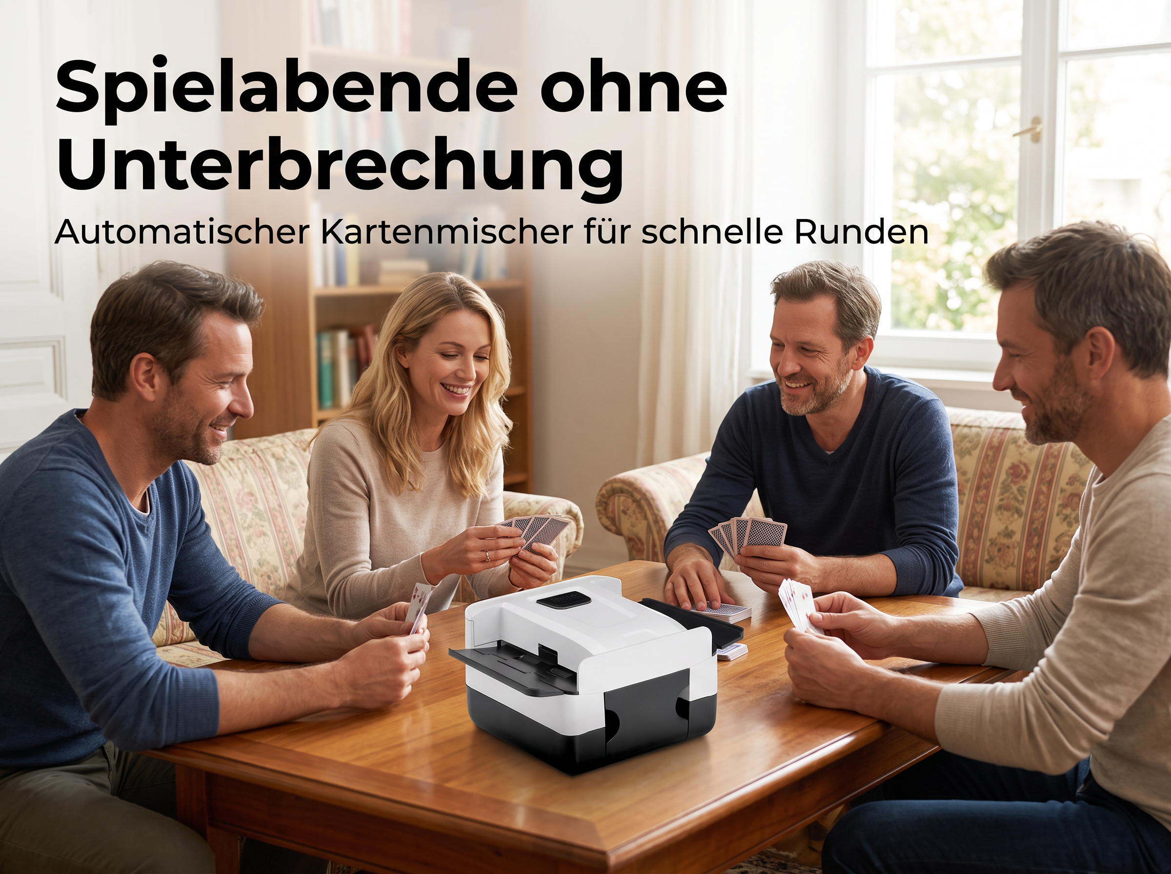 Vier Personen sitzen an einem Holztisch und spielen Karten, in der Mitte steht ein automatischer Kartenmischer.