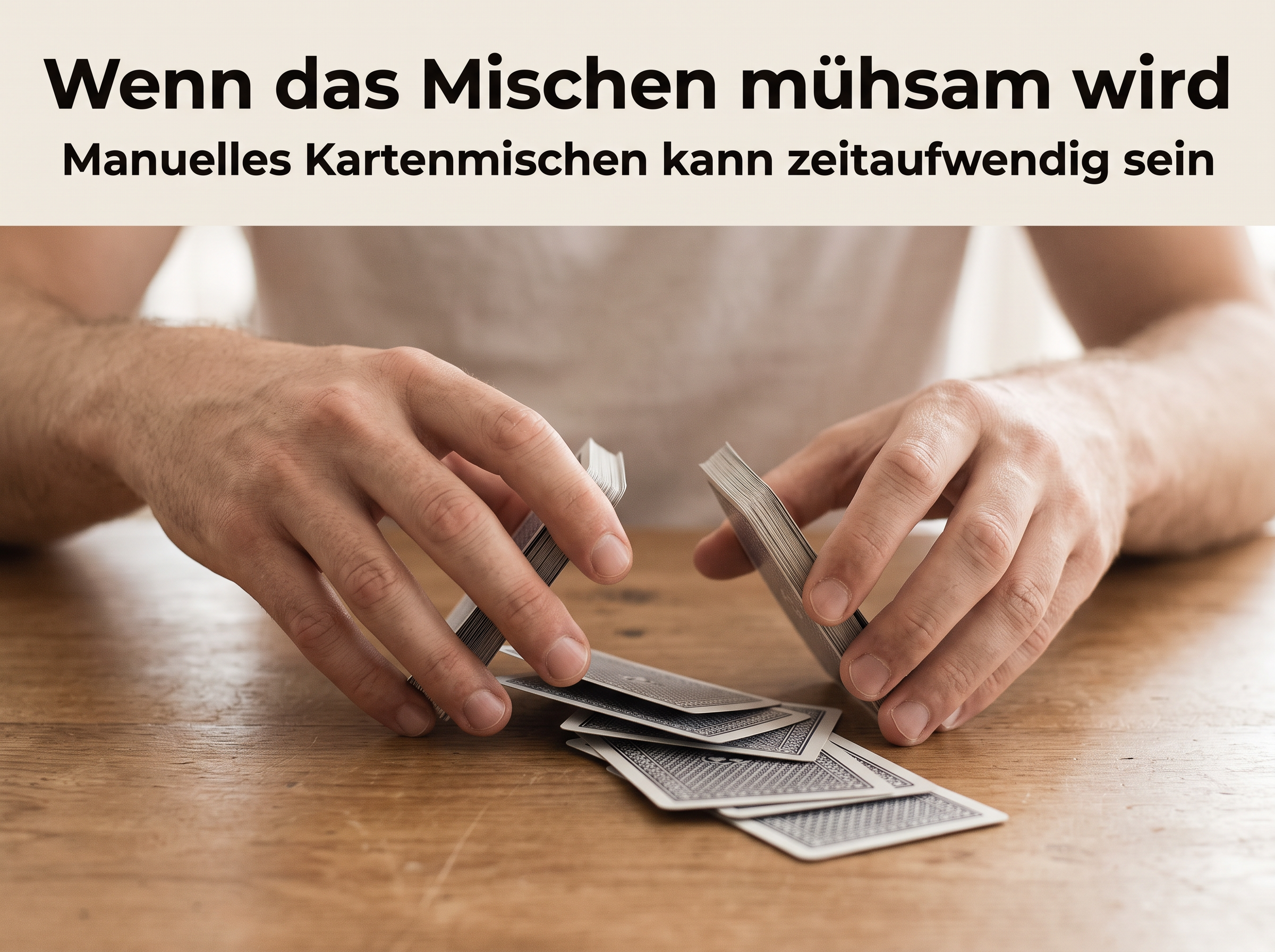 Person mischt Spielkarten auf einem Holztisch mit Text oben.