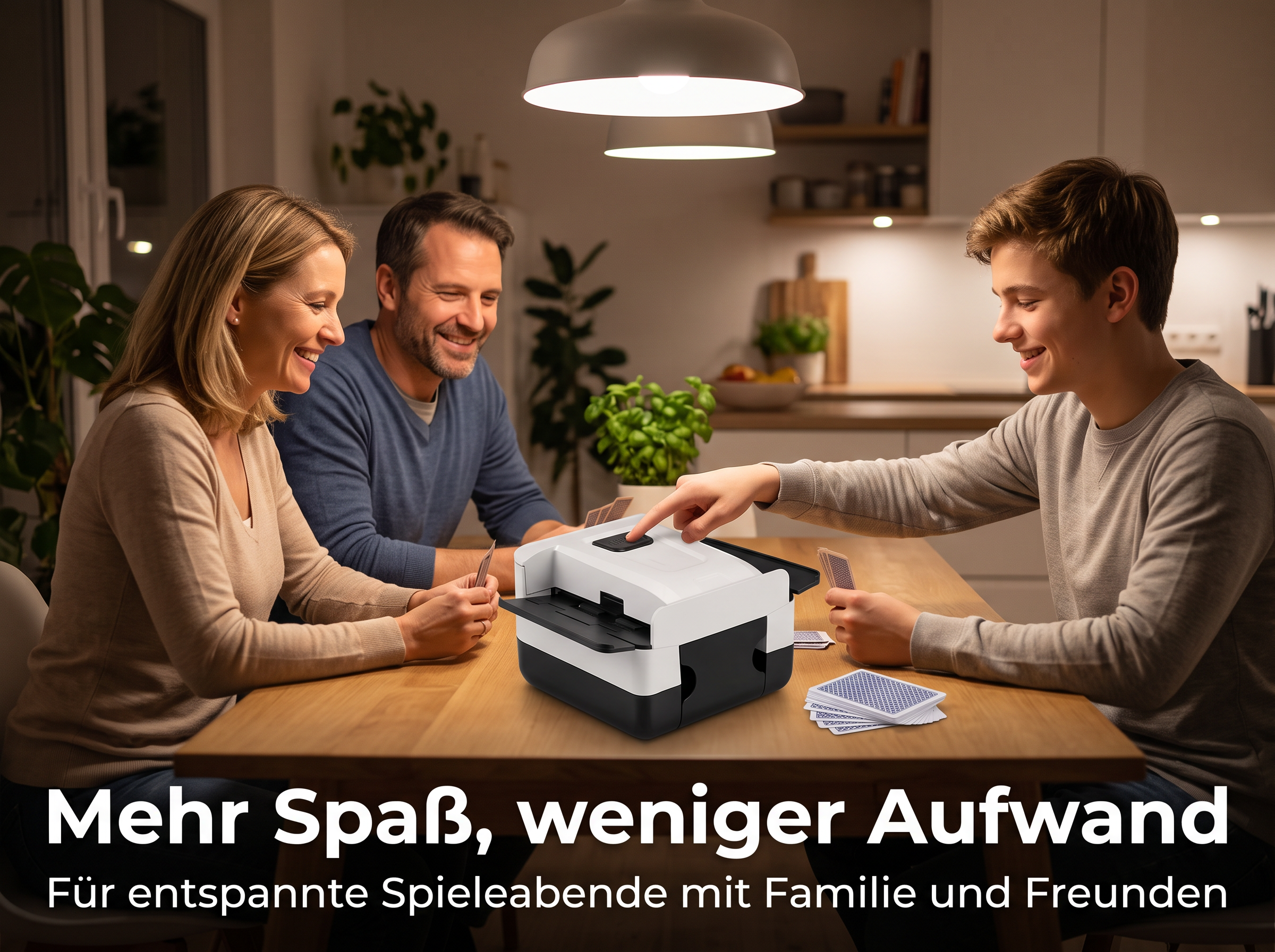Eine Familie spielt Kartenspiele an einem Holztisch mit einem Kartennischer.