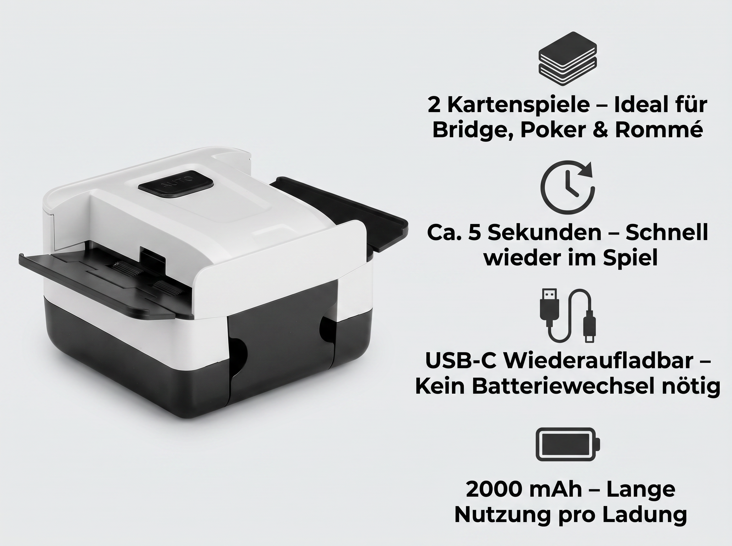 Weiß-schwarzer automatischer Kartend Mischler mit Feature-Icons und Texten rechts auf hellem Grund.