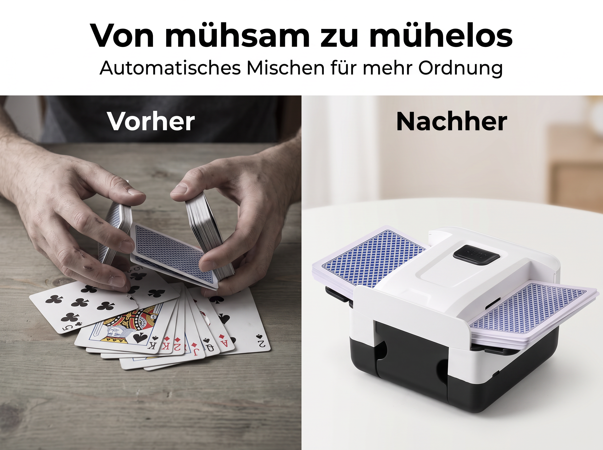 Vergleich: Händisches Mischen links, automatischer Kartenschlitten mit Karten rechts.