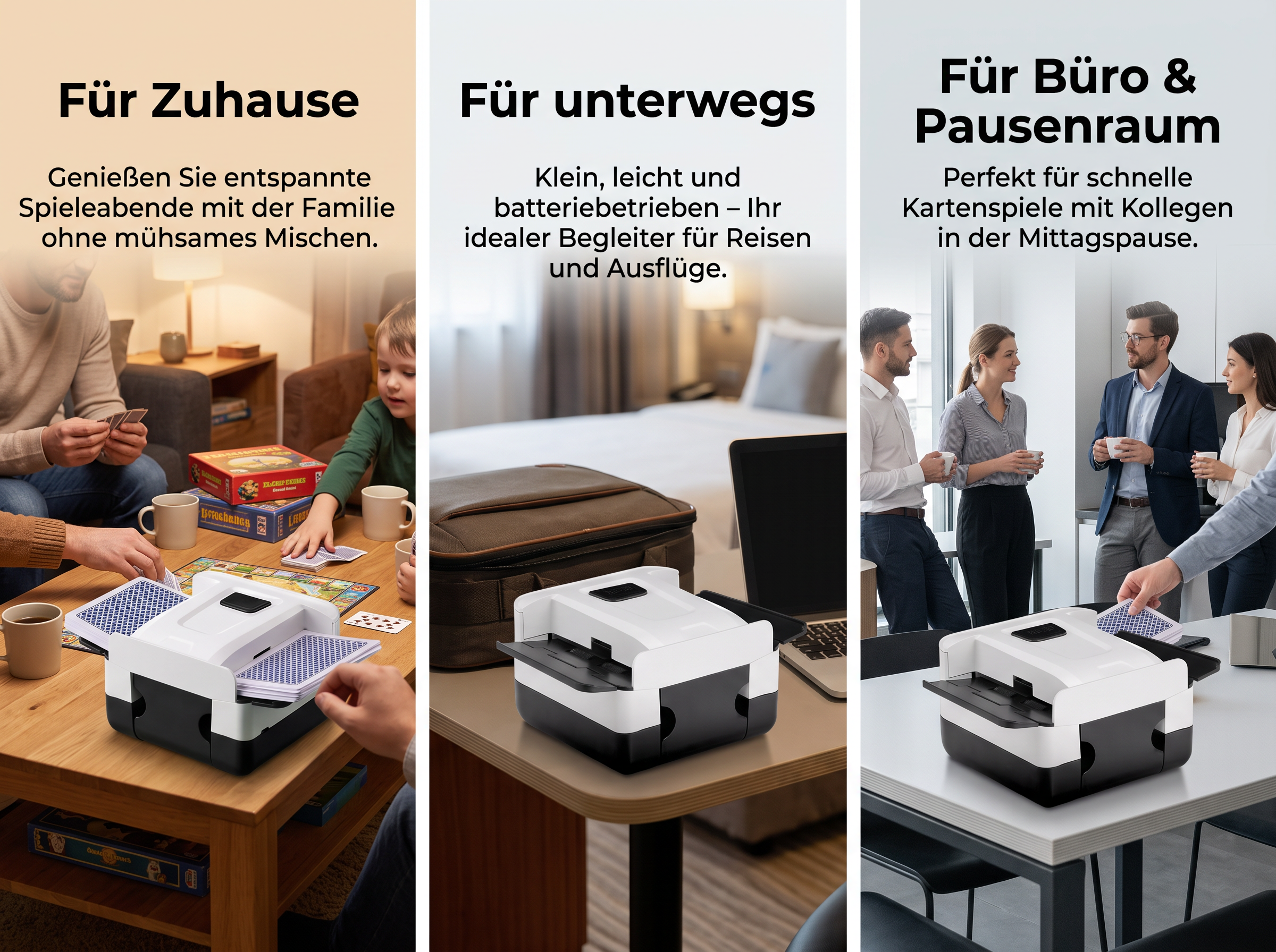 Eine weiße und schwarze Kartenmischmaschine wird in drei Szenarien gezeigt: zu Hause, unterwegs und im Büro.