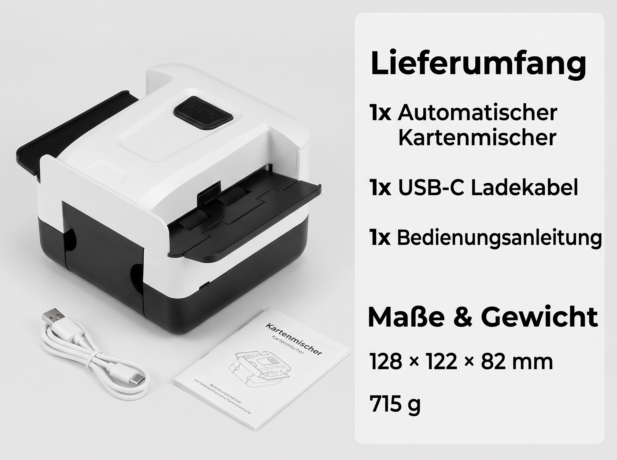 Automatischer Kartenmischer mit USB-C-Kabel und Anleitung sowie technischen Daten.