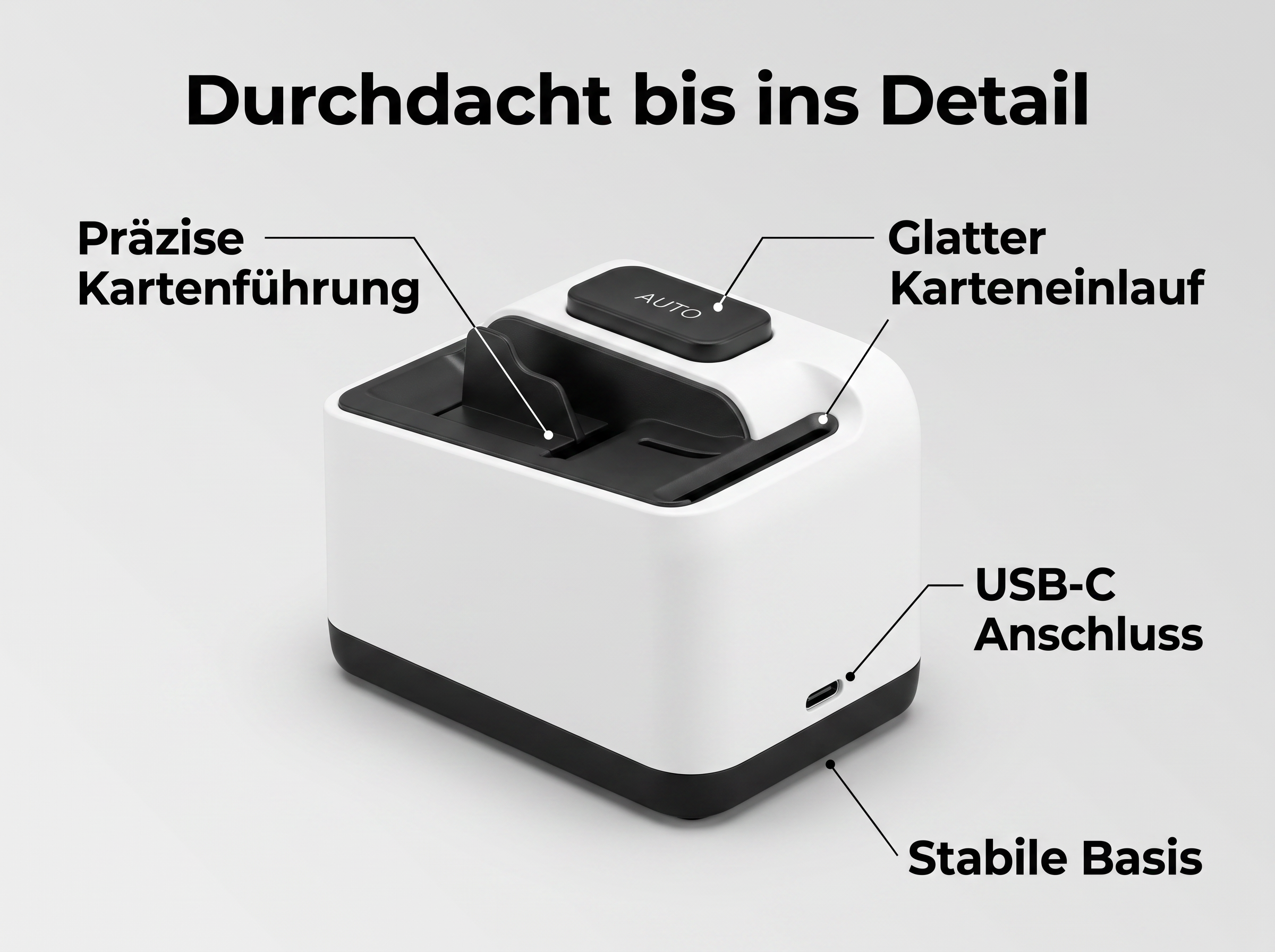 Weiß-schwarzes Kartenlesegerät mit deutschen Beschriftungen für Funktionen wie Kartenführung, Einlauf, USB-C und Basis.