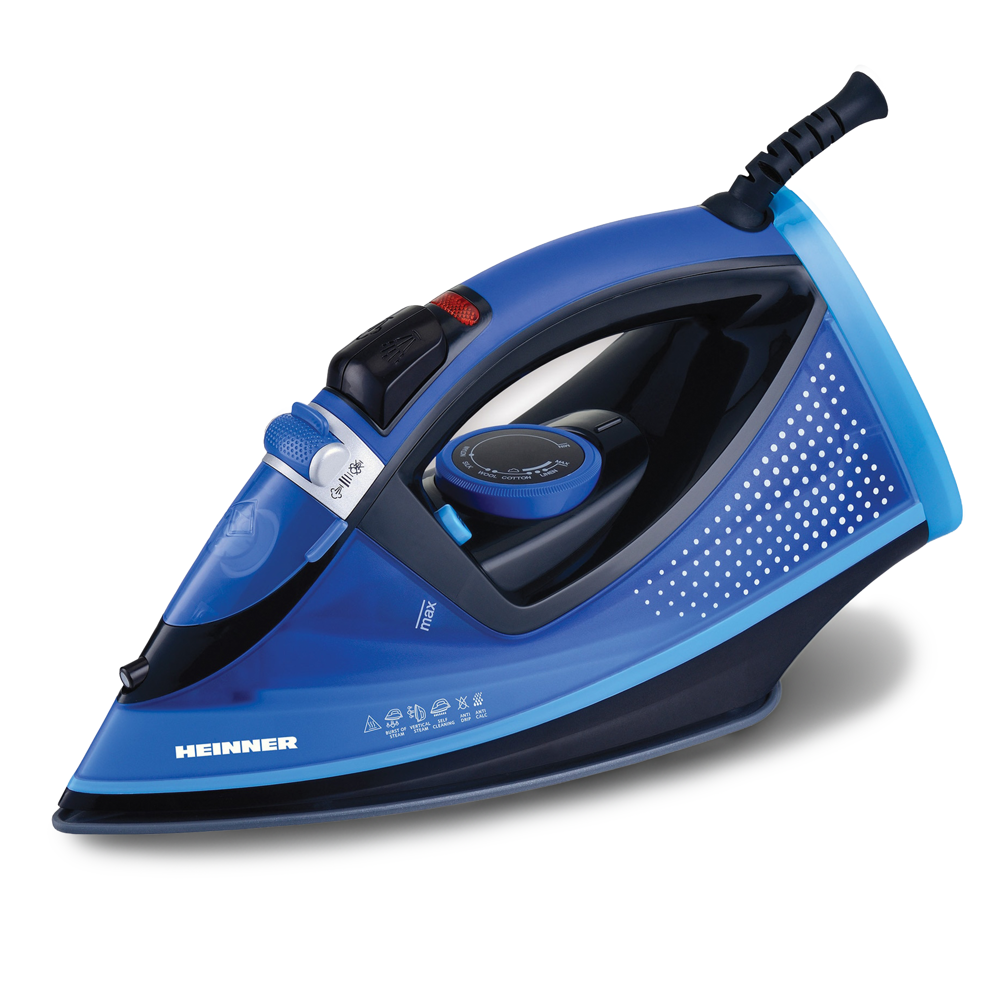 A blue and black Heinner steam iron with white dotted pattern on the back and controls on top.