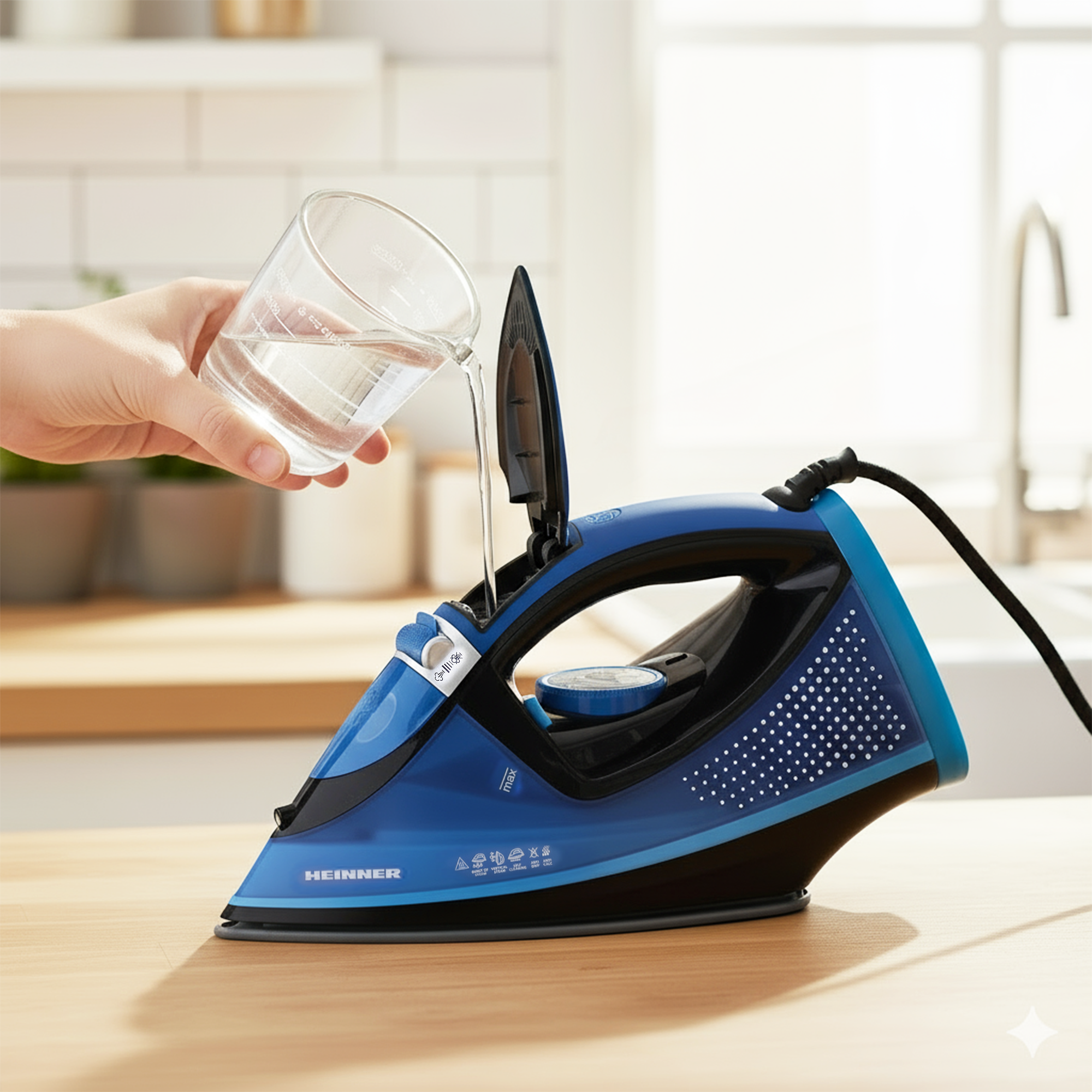 A hand pours water from a measuring cup into a blue steam iron on a wooden table.