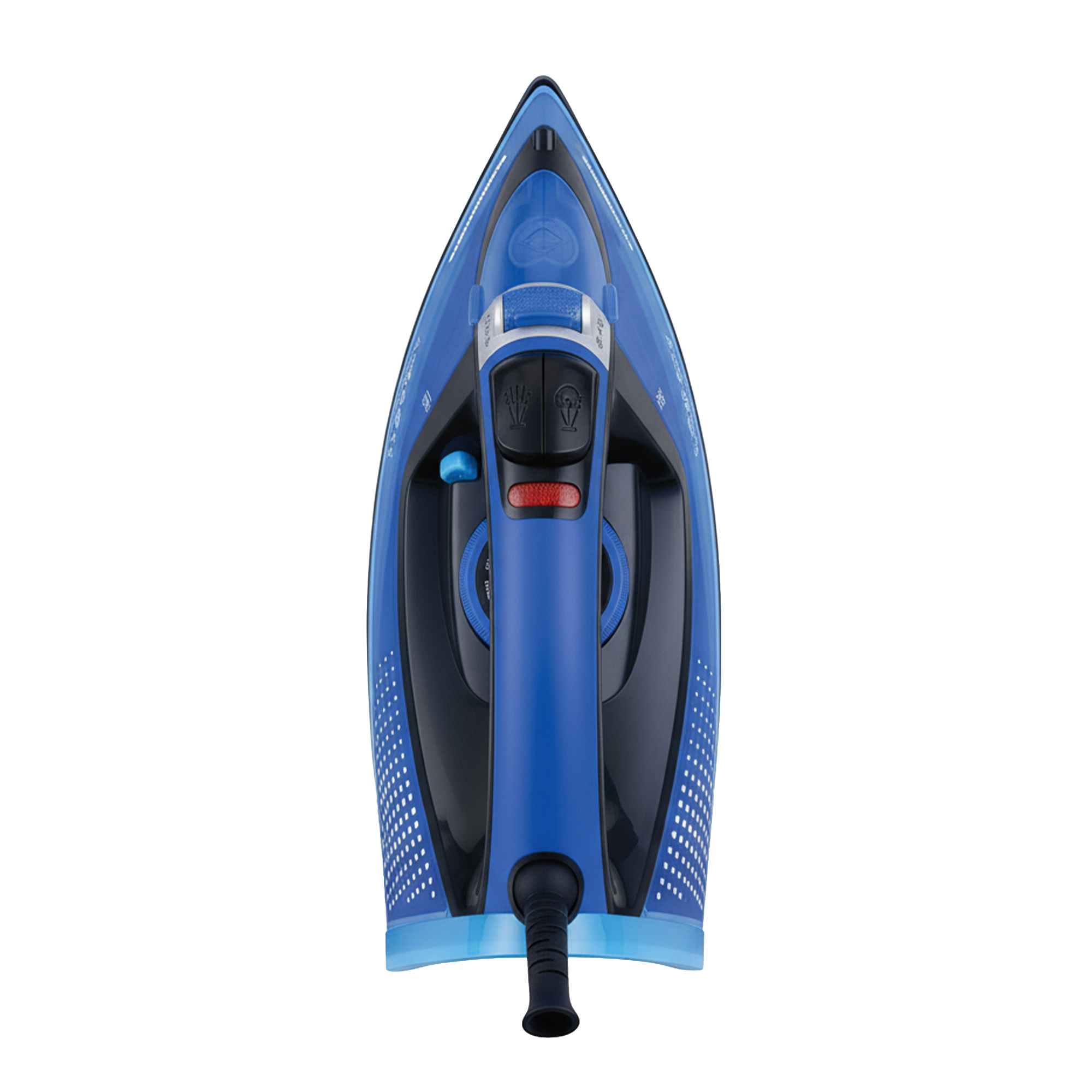 A modern blue and black steam iron photographed from above.