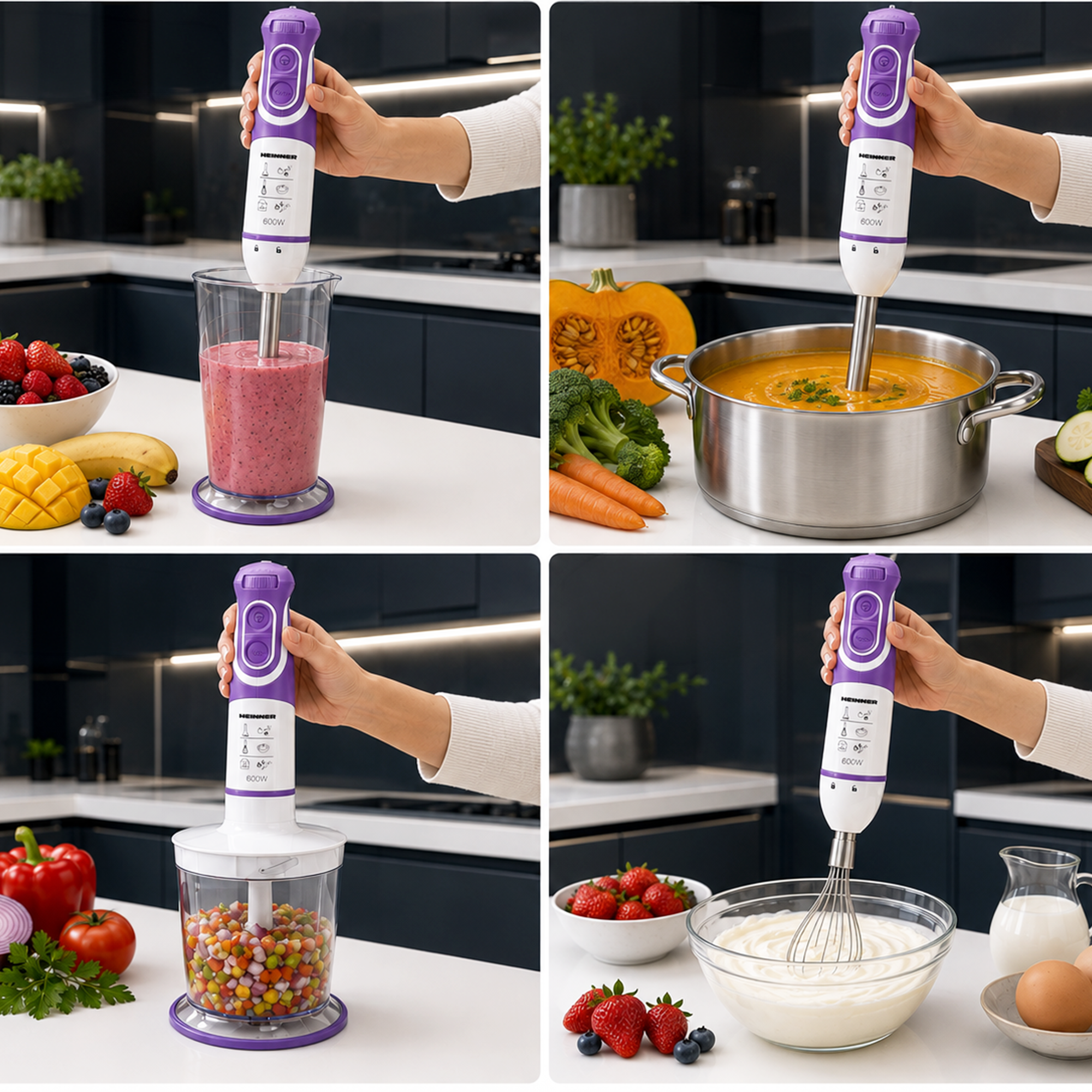 Vier Bilder zeigen die Nutzung eines violetten Stabmixers zum Mixen, Pürieren, Zerkleinern und Aufschlagen in einer Küche.