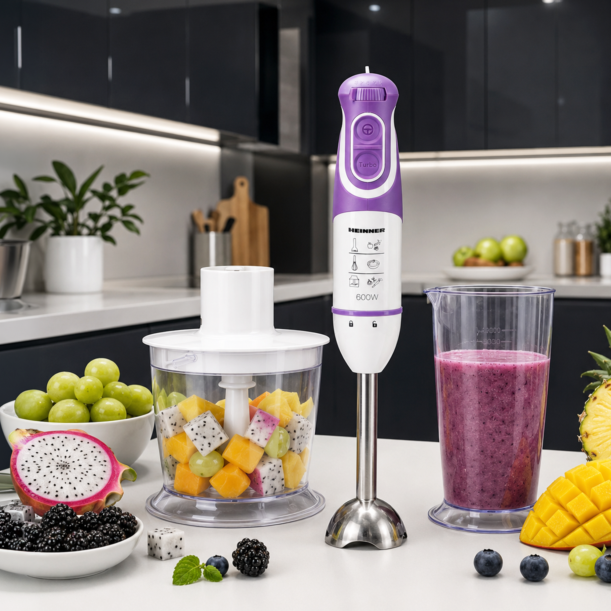 A purple and white hand blender stands beside a chopper with fruit and a glass of purple smoothie in a kitchen.