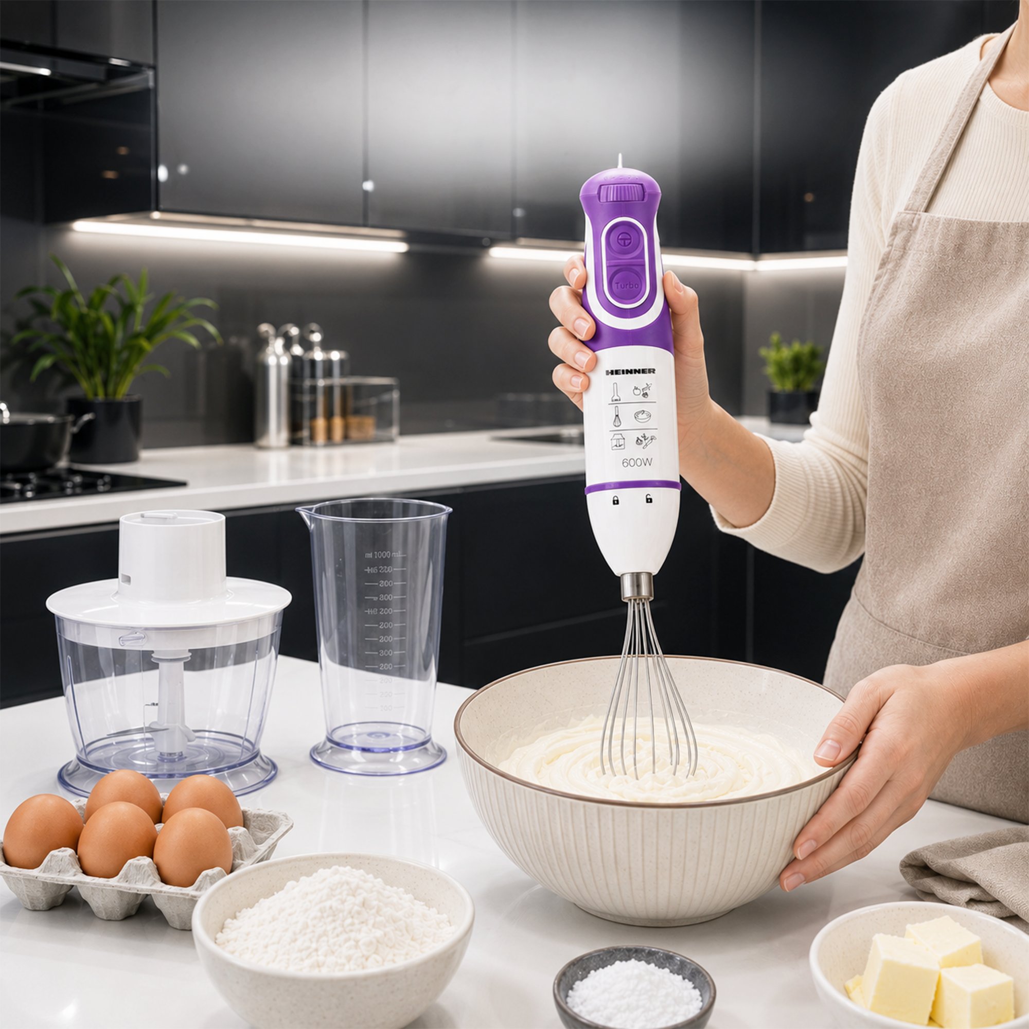 A person uses a purple and white hand mixer in a bowl of batter on a kitchen counter with baking ingredients.