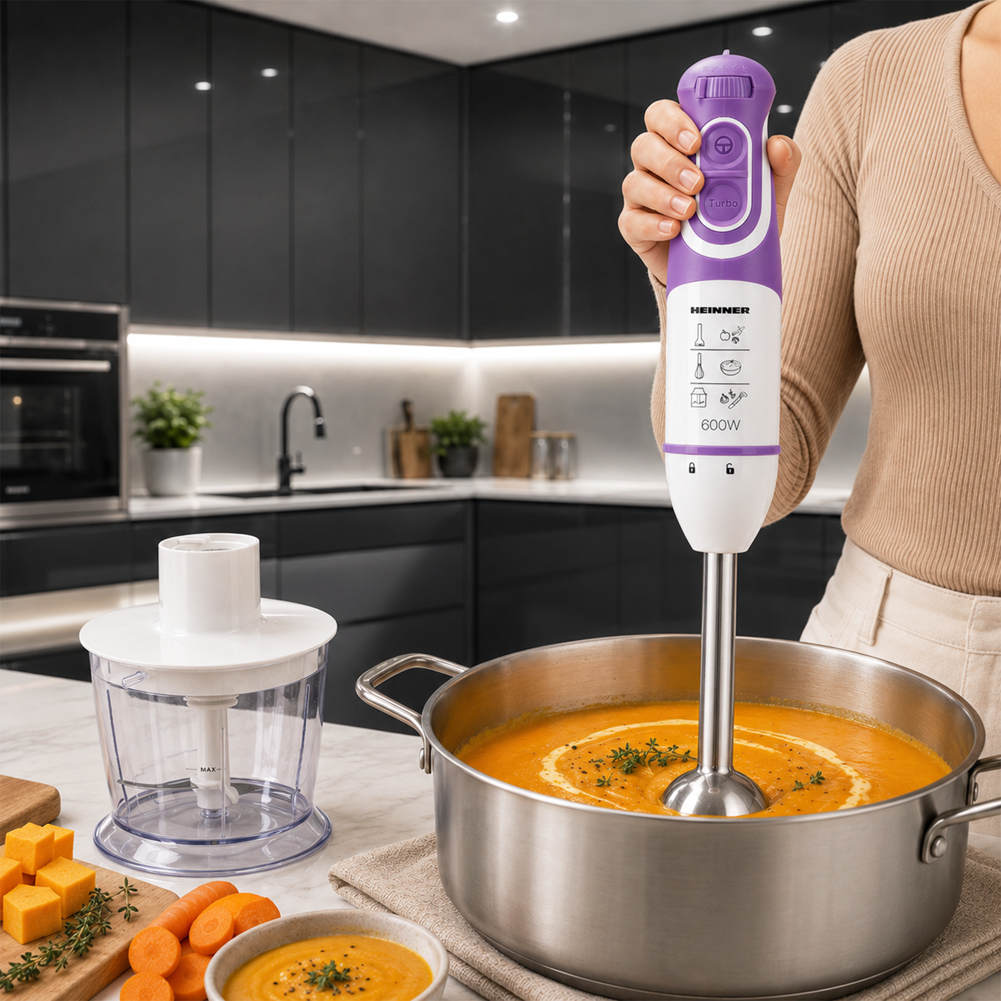 A person uses a purple and white hand blender in a pot of soup on a kitchen counter.