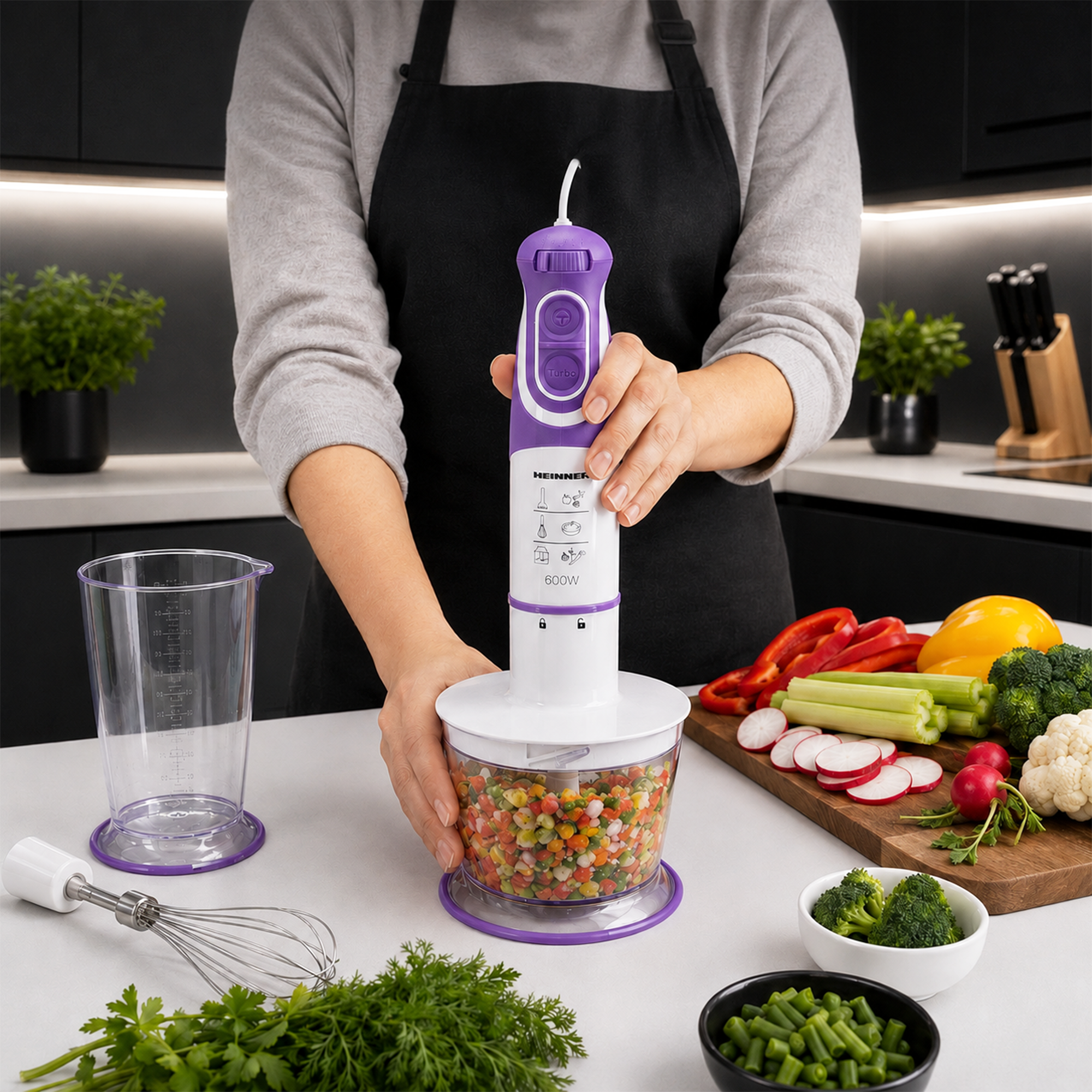 A person in a black apron uses a white and purple hand blender to chop vegetables in a kitchen.