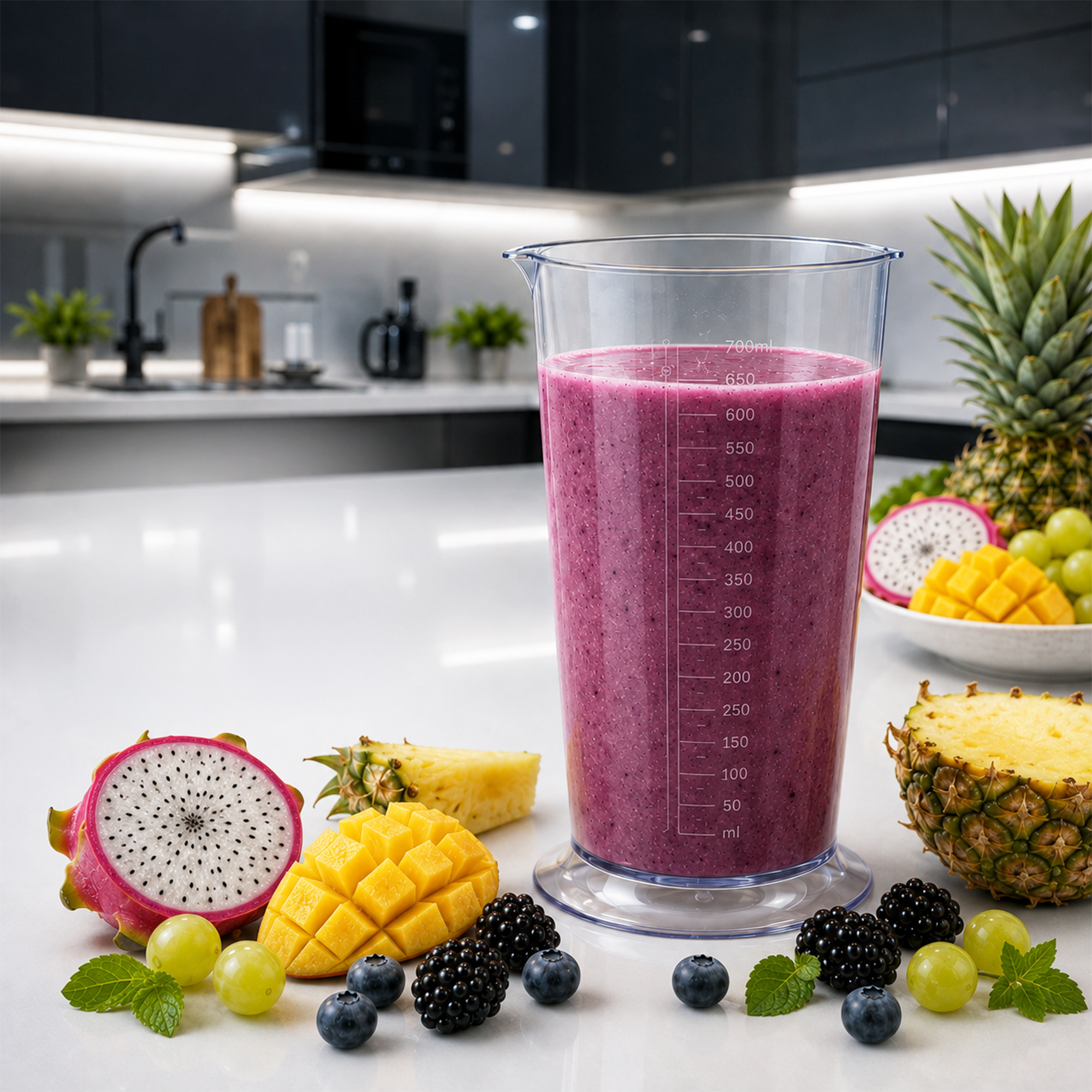 A measuring cup filled with purple smoothie on a counter, surrounded by fresh fruits like pineapple, dragon fruit, and berries.
