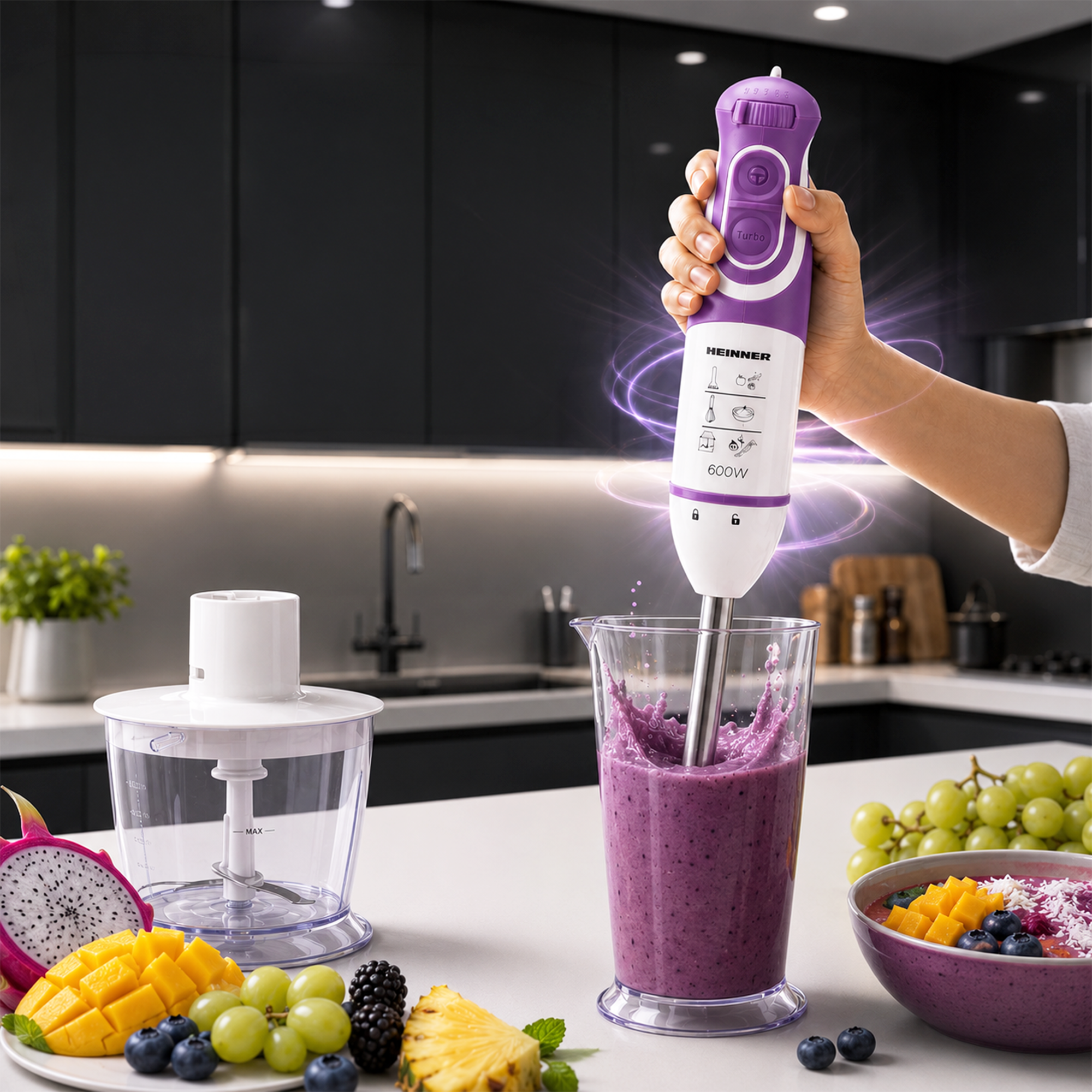 Hand holds purple hand blender over cup of fruit smoothie; fruits rest on the white countertop.