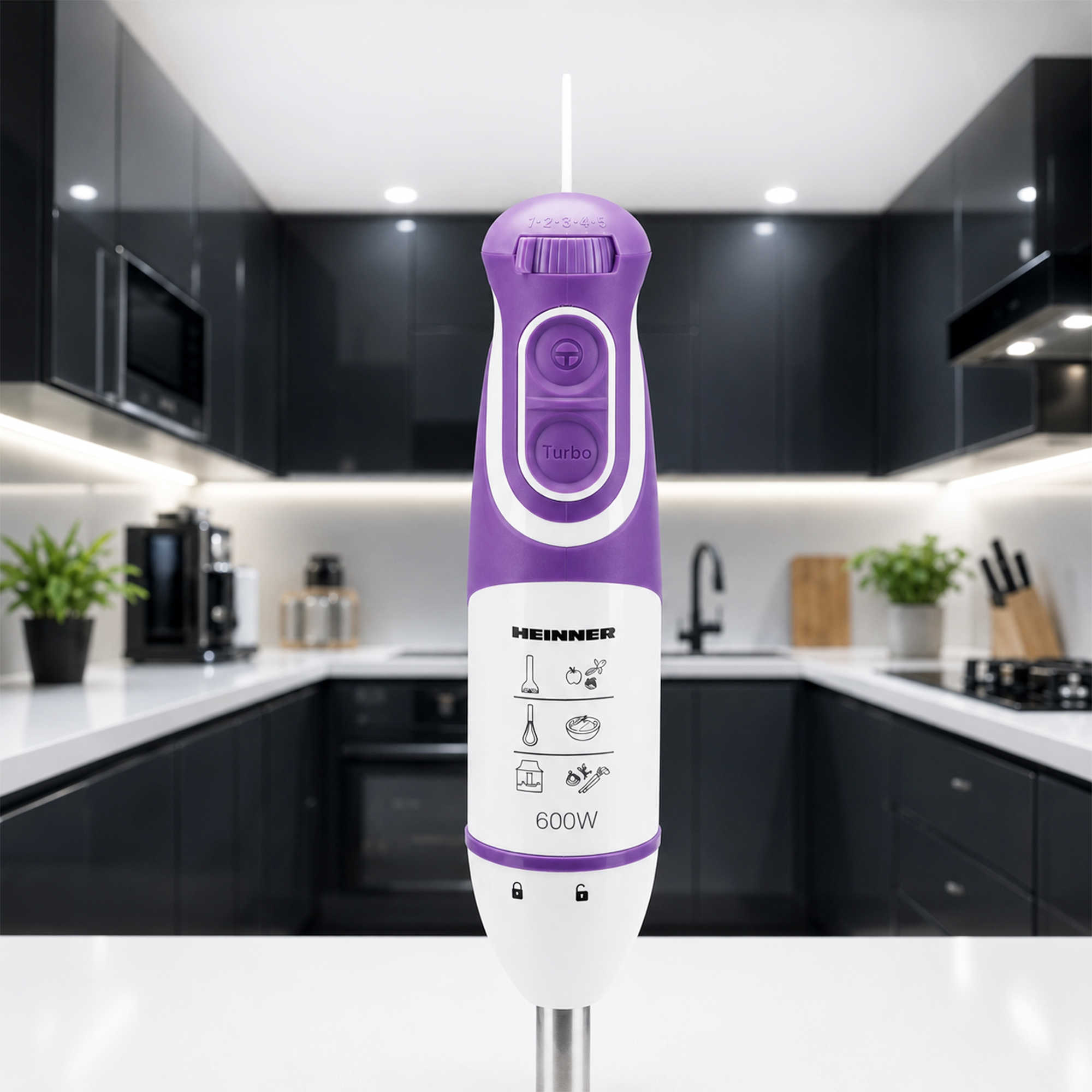 A purple and white Heinner hand blender stands upright on a counter in a modern kitchen background.