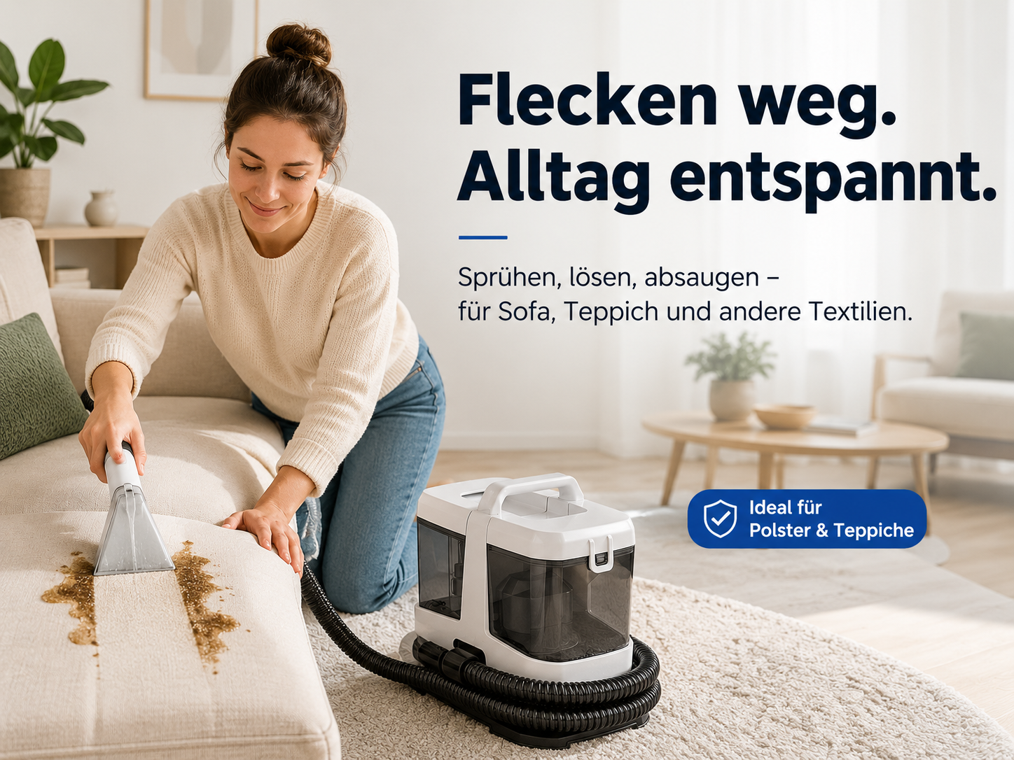 Eine Frau reinigt ein Sofa mit einem Sprühextraktionsgerät in einem hellen Wohnzimmer.