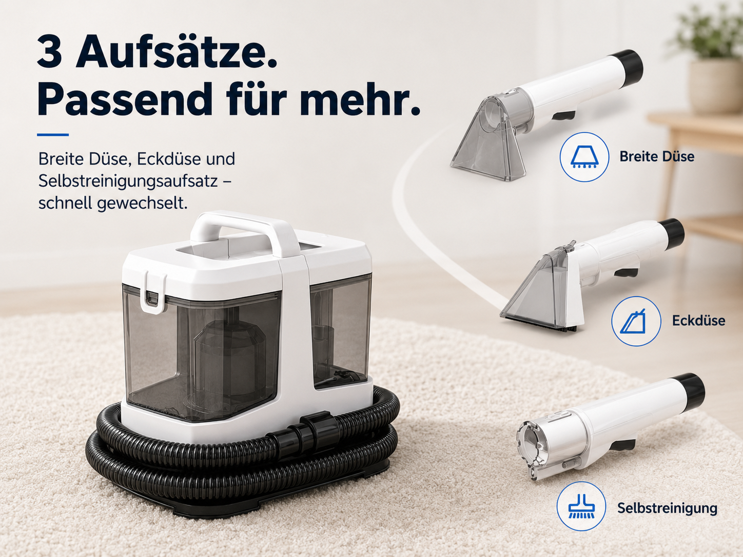Ein weißer Teppichreiniger mit drei verschiedenen Aufsätzen auf einem Teppichboden.