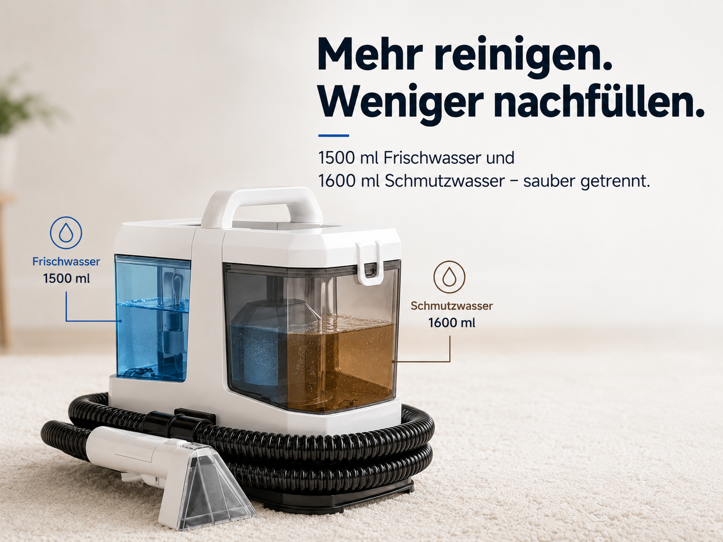 Weißes Reinigungsgerät mit getrennten Wassertanks für 1500 ml Frischwasser und 1600 ml Schmutzwasser.