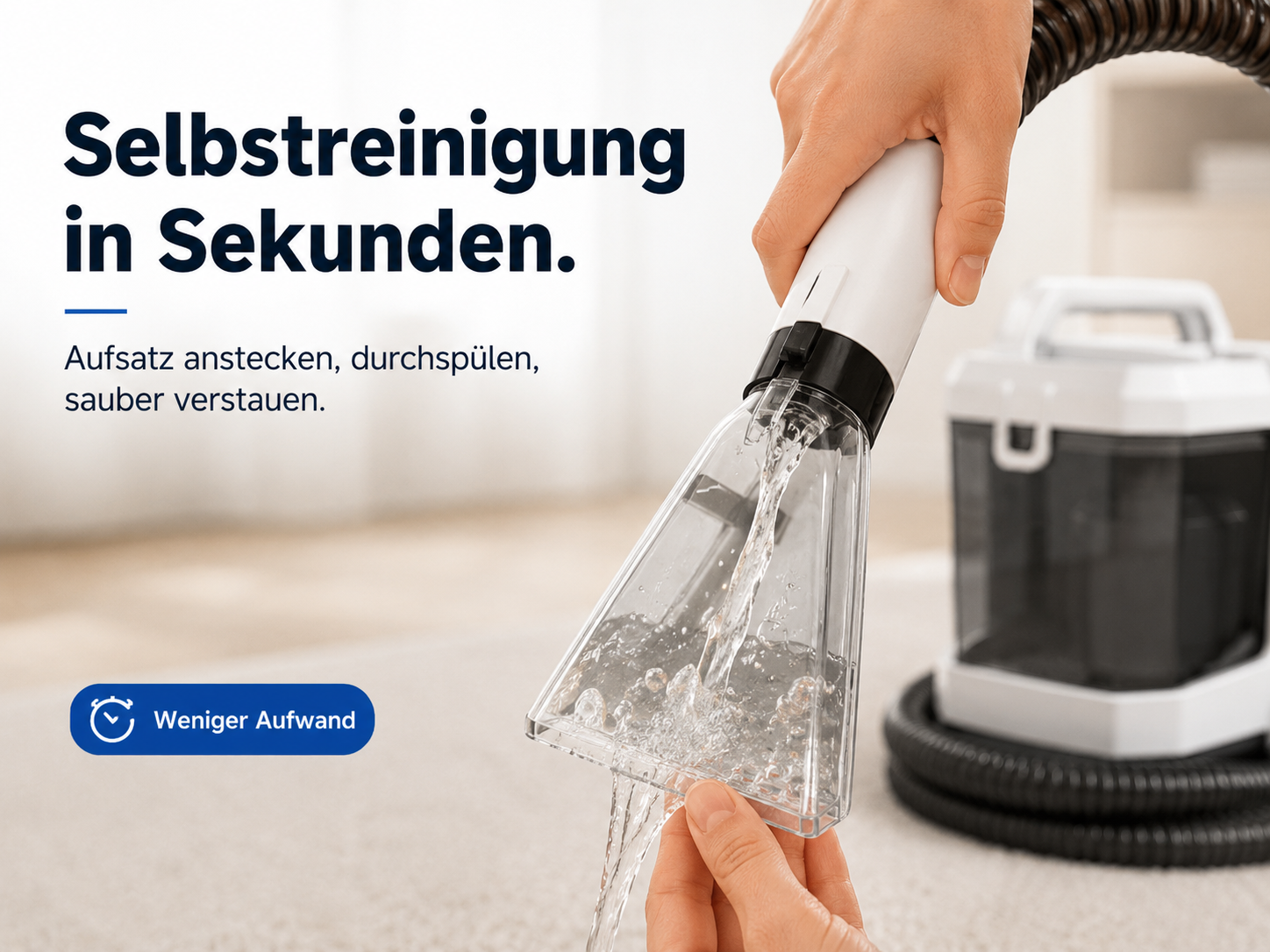 Wasser fließt durch eine klare Polsterreinigungsdüse, die gehalten und gespült wird, mit deutschem Werbetext.