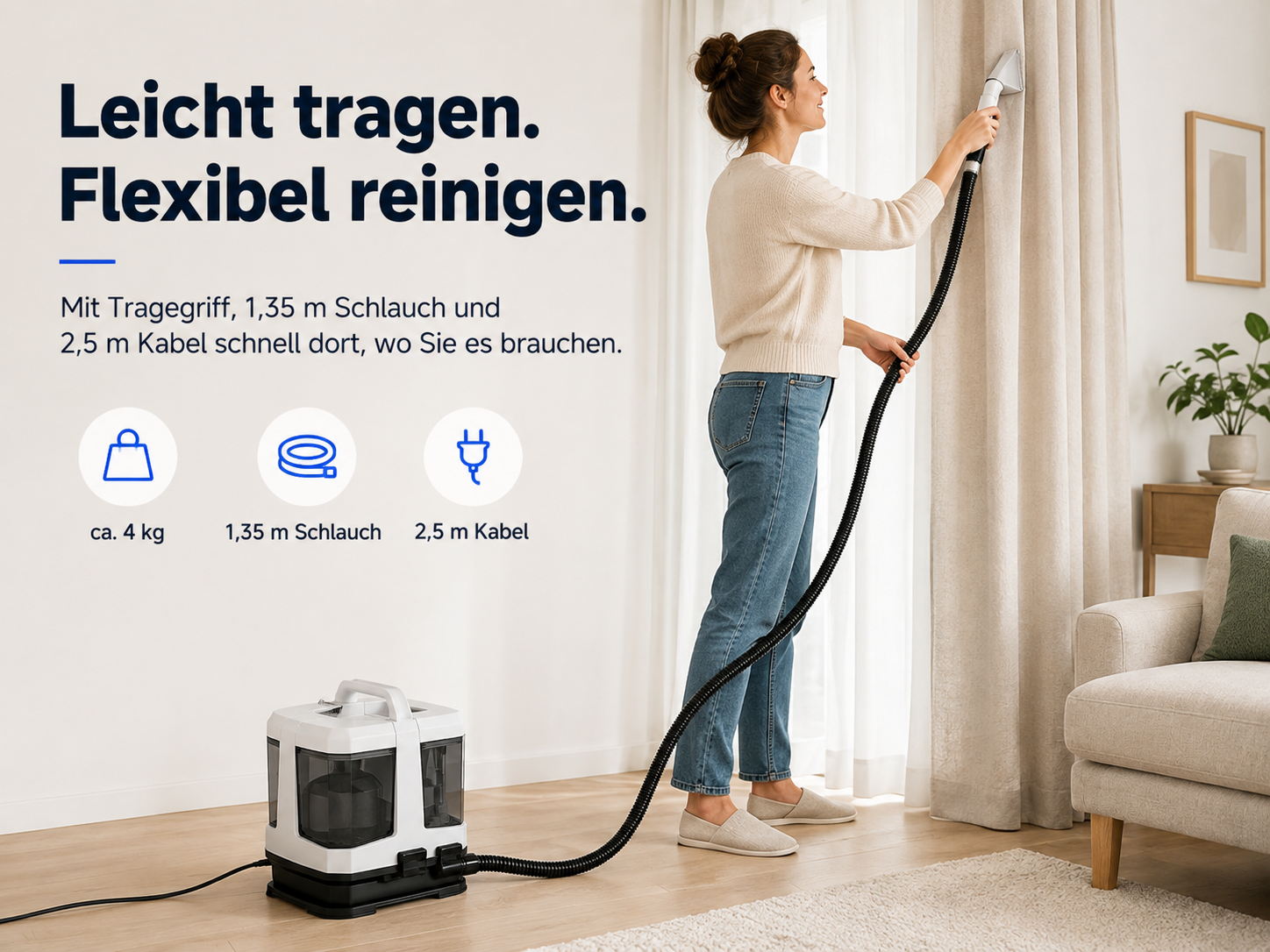 Eine Frau reinigt Vorhänge mit einem tragbaren Staubsauger, links ist deutscher Text zu sehen.