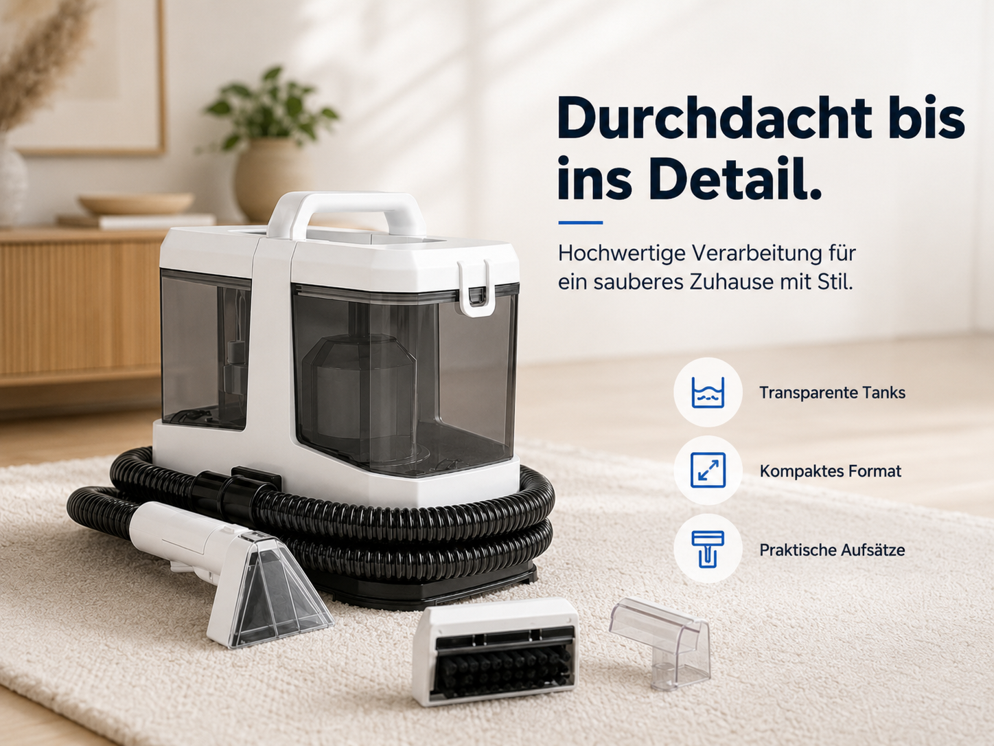 Weißer Teppichreiniger mit schwarzem Schlauch und Aufsätzen auf einem Teppich in einem Raum mit Text.
