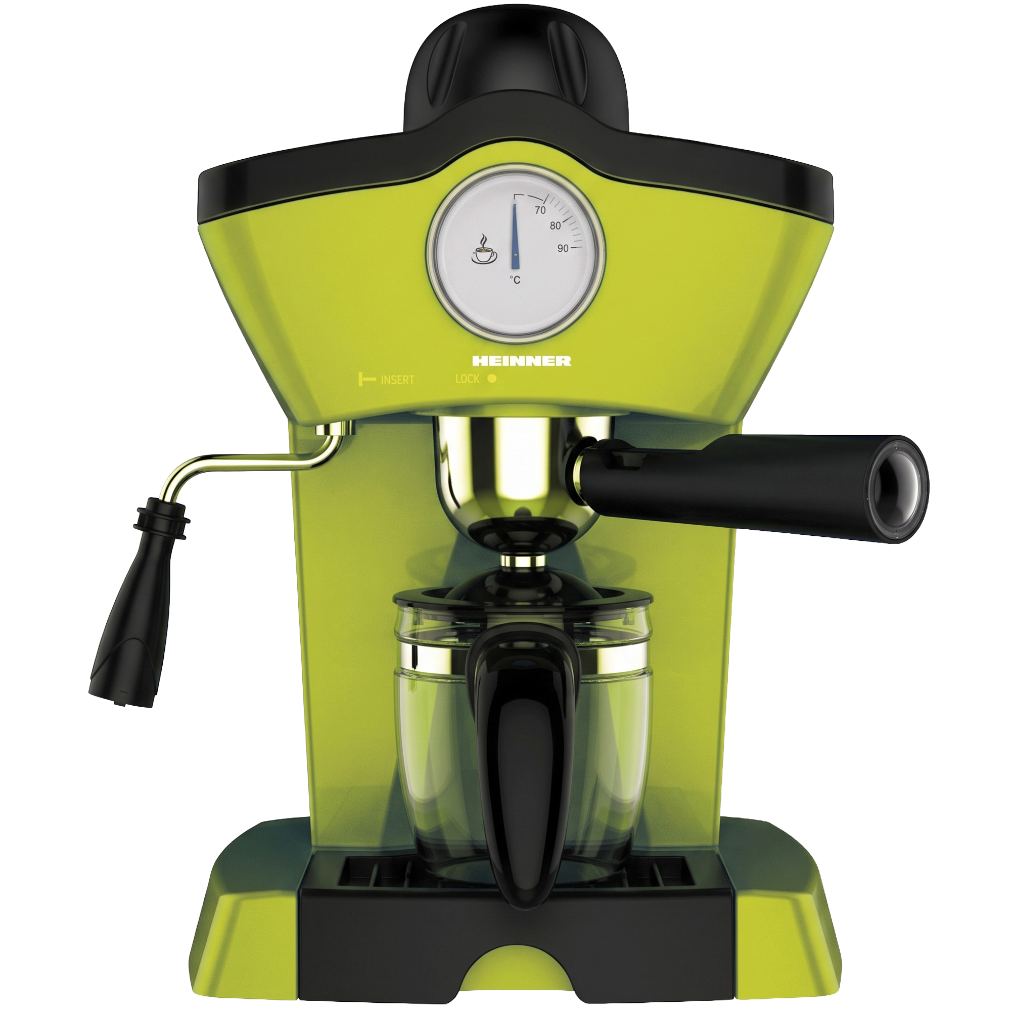Green Heinner espresso machine with a black handle, temperature gauge, and glass carafe on a white background.